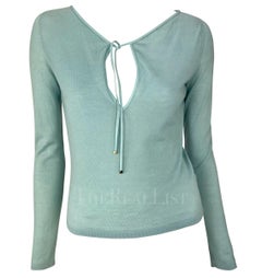 S/S 2000 Gucci by Tom Ford Baby Blue Knit Leather Tie Plunging Top