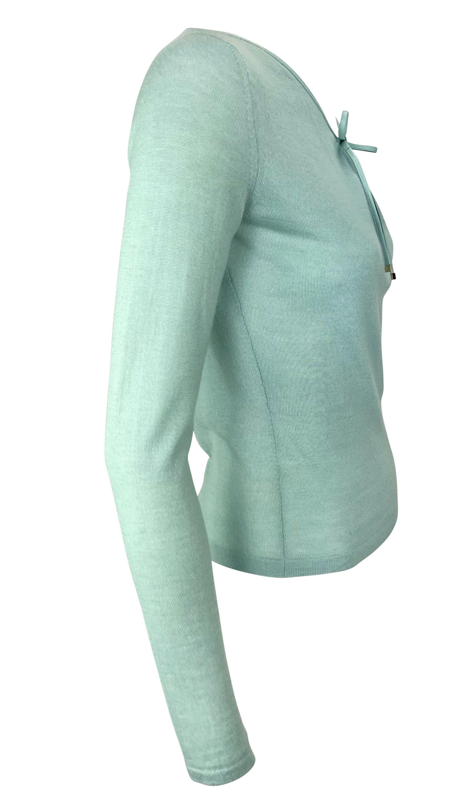 S/S 2000 Gucci by Tom Ford Baby Blue Knit Leather Tie Plunging Top For Sale 1