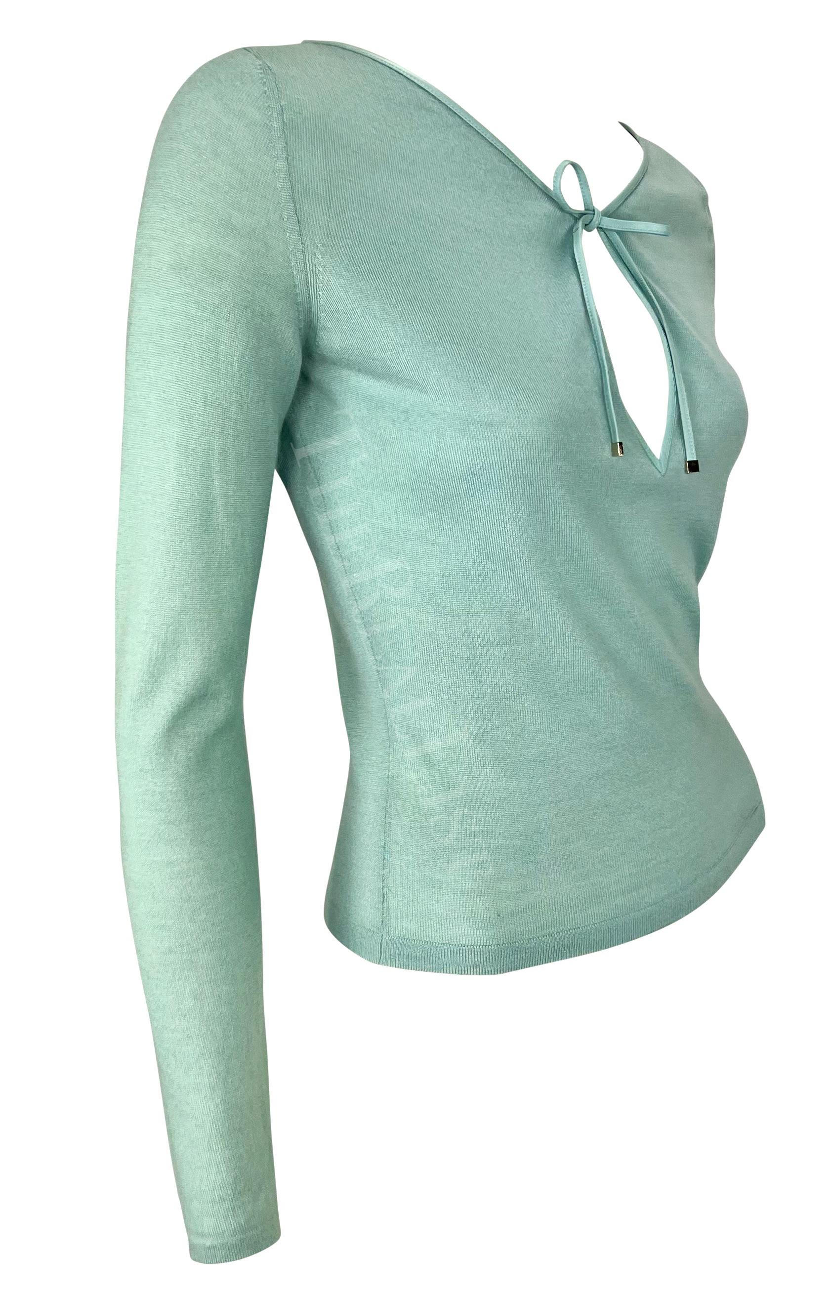 S/S 2000 Gucci by Tom Ford Baby Blue Knit Leather Tie Plunging Top For Sale 2