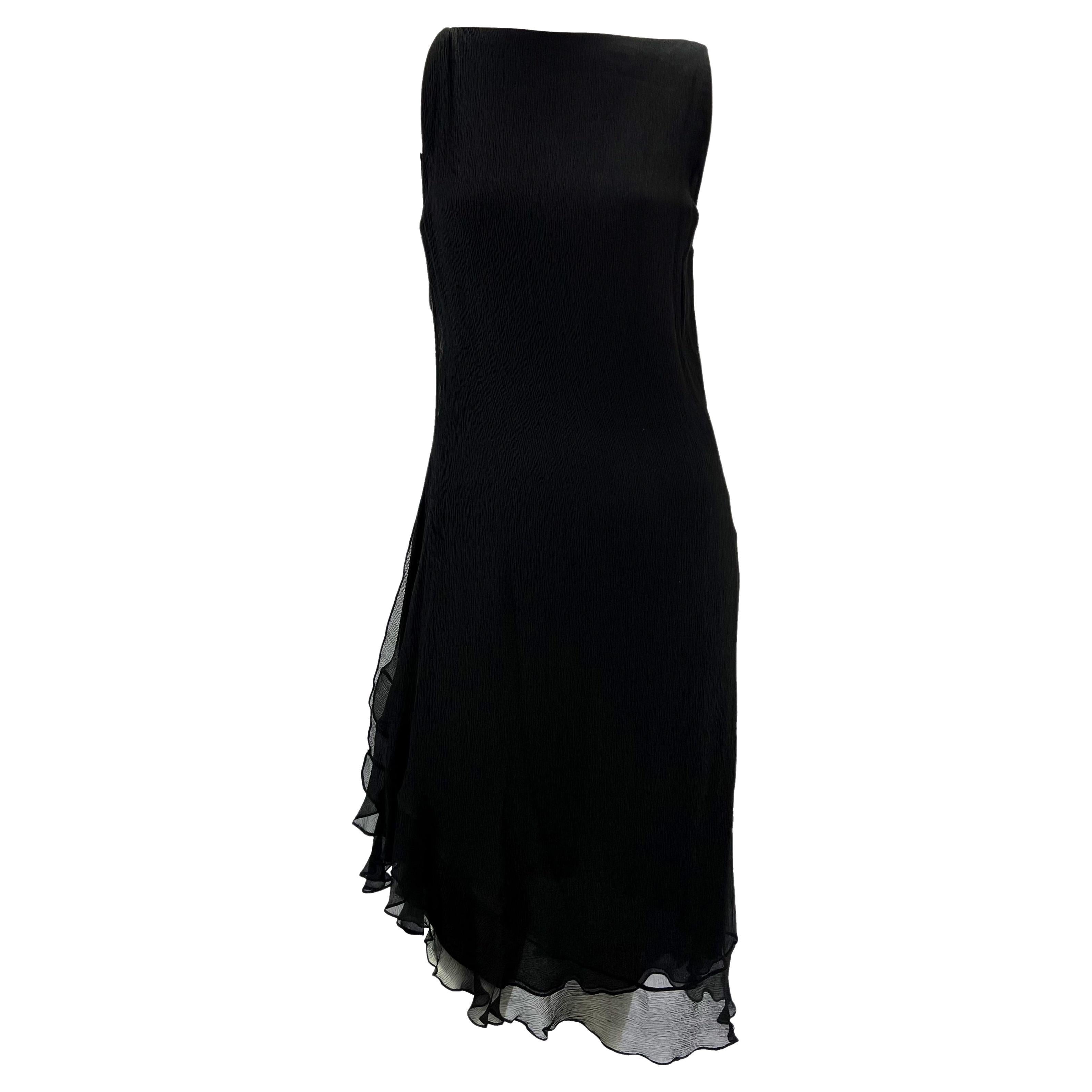 S/S 2000 Gucci by Tom Ford Black Crepe Silk Ruffle Chiffon Asymmetric Dress