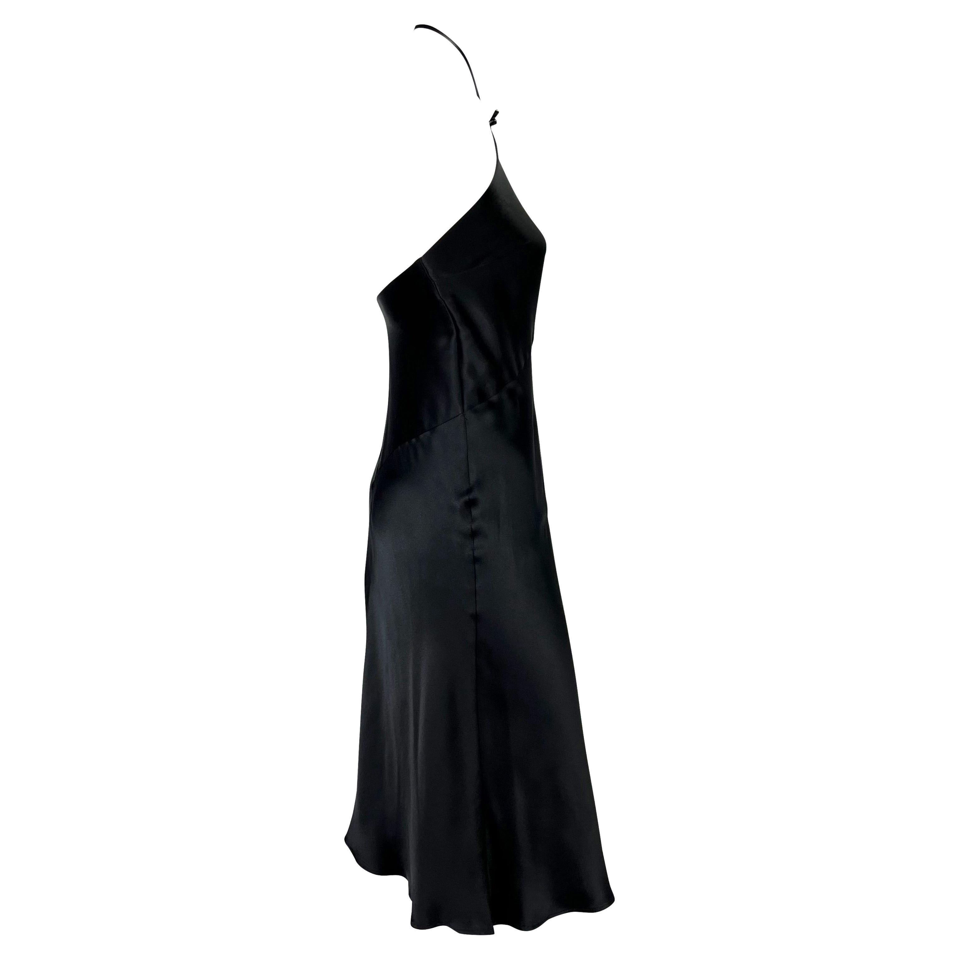 S/S 2000 Gucci by Tom Ford Black Silk Satin Leather Bow Halter Flare Dress 1
