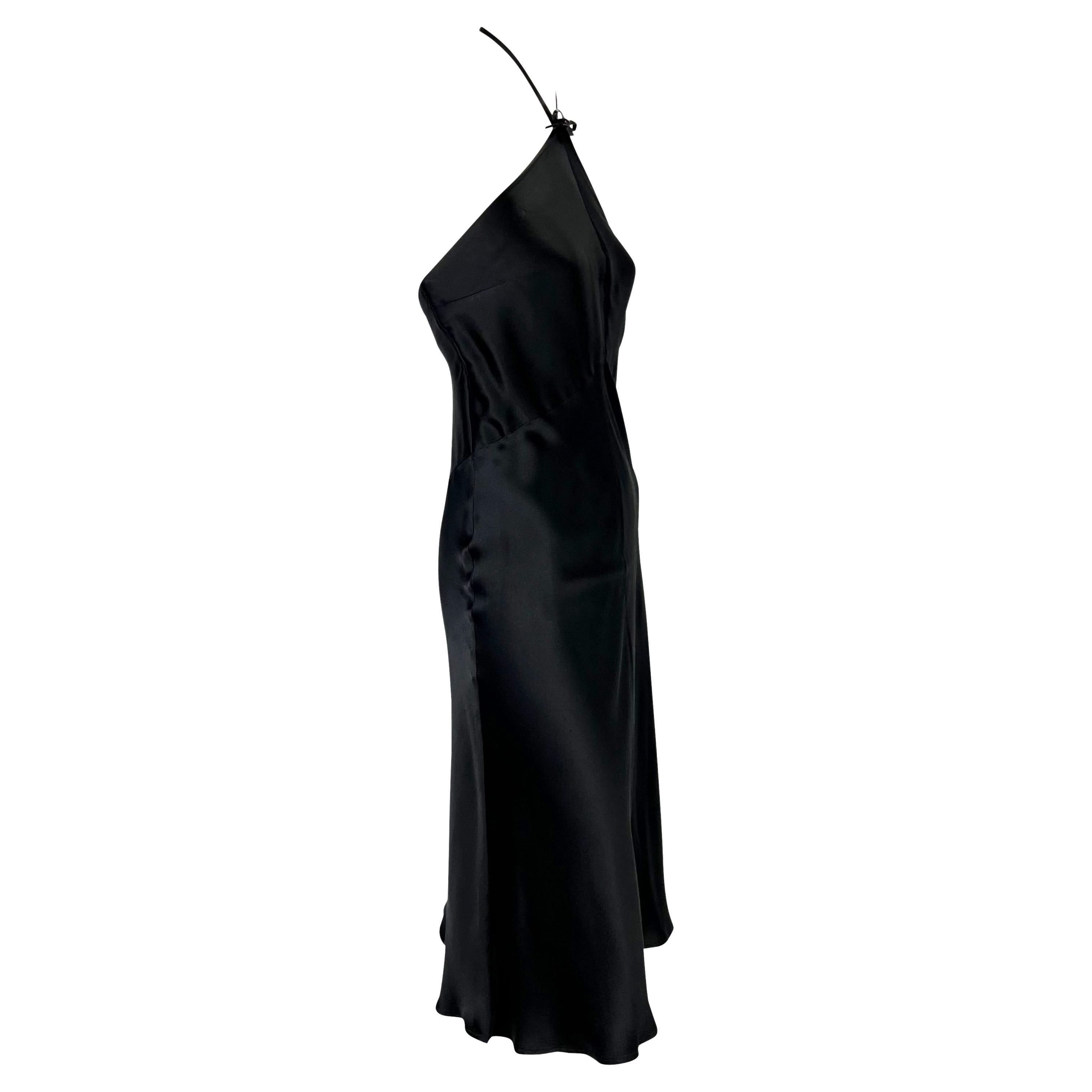 S/S 2000 Gucci by Tom Ford Black Silk Satin Leather Bow Halter Flare Dress 2