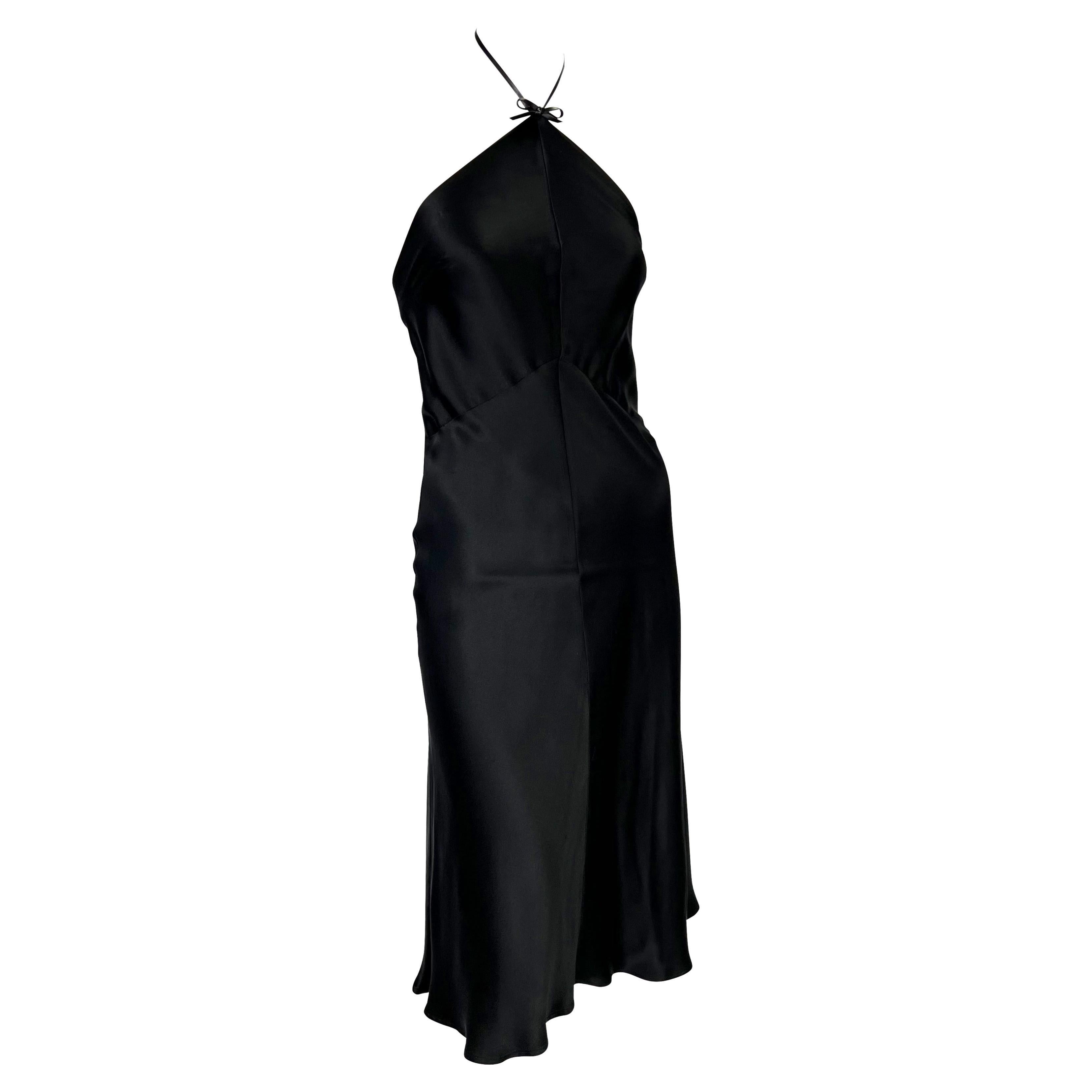 S/S 2000 Gucci by Tom Ford Black Silk Satin Leather Bow Halter Flare Dress 3
