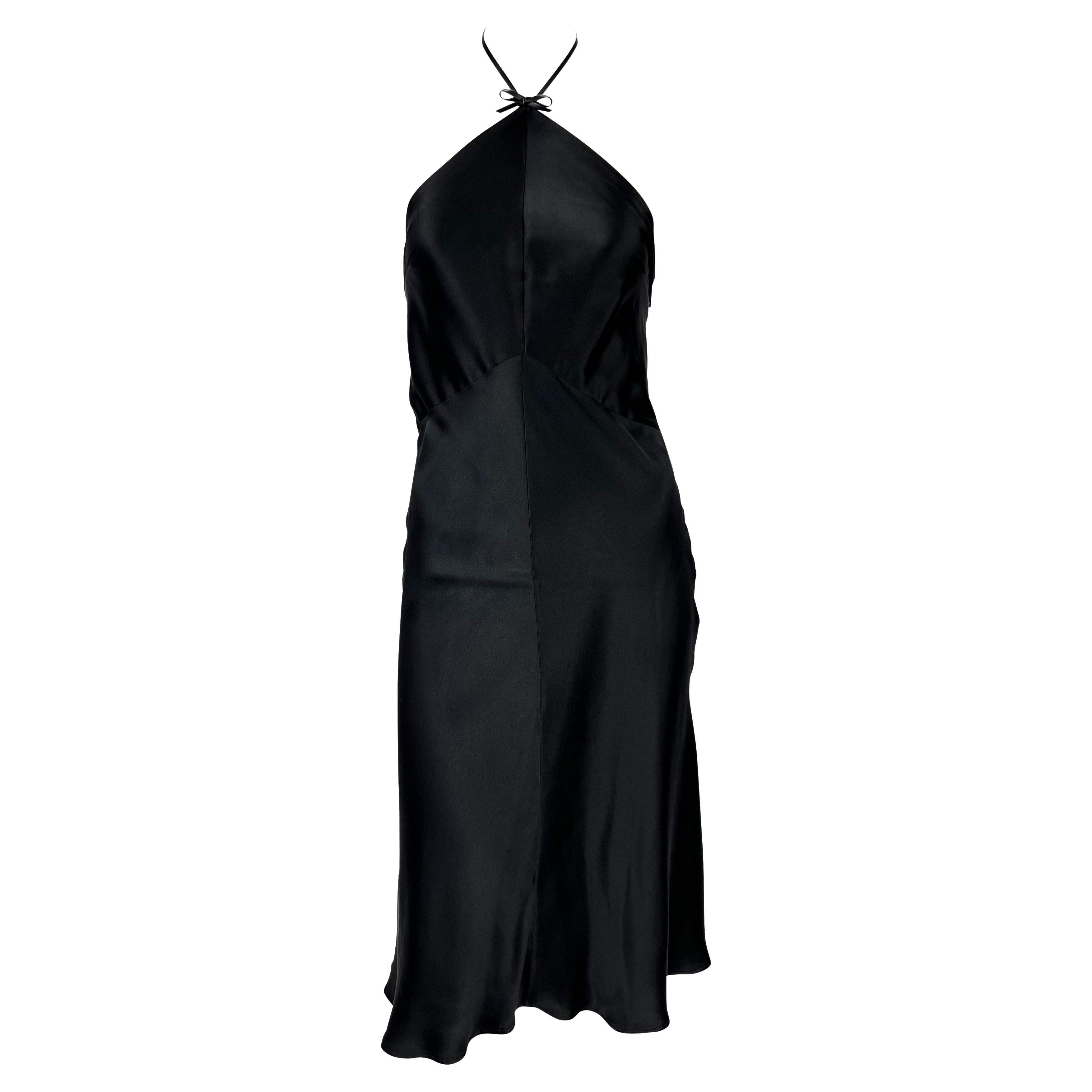 S/S 2000 Gucci by Tom Ford Black Silk Satin Leather Bow Halter Flare Dress