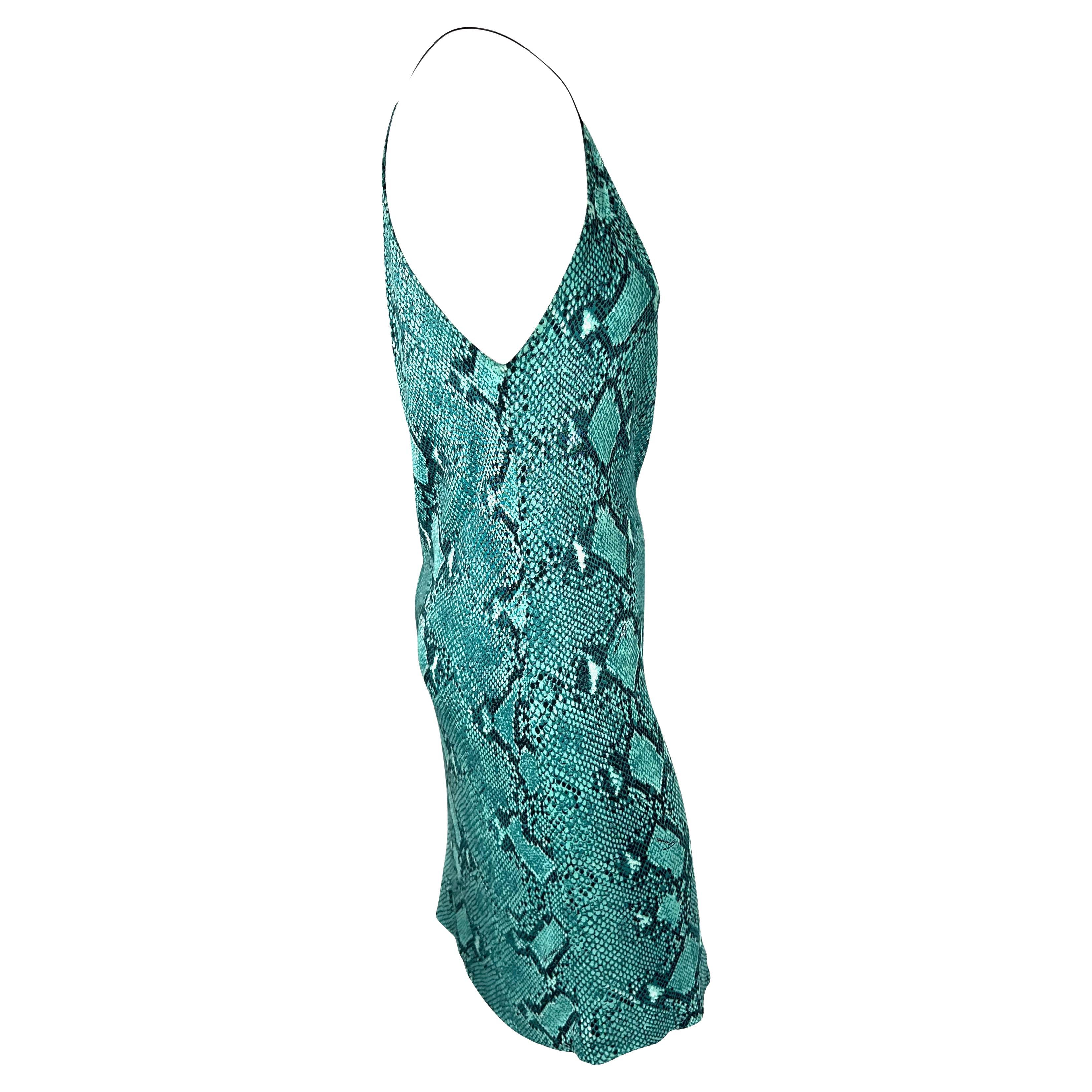 S/S 2000 Gucci by Tom Ford Blue Snake Print Viscose Leather Strap Plunging Dress For Sale 6