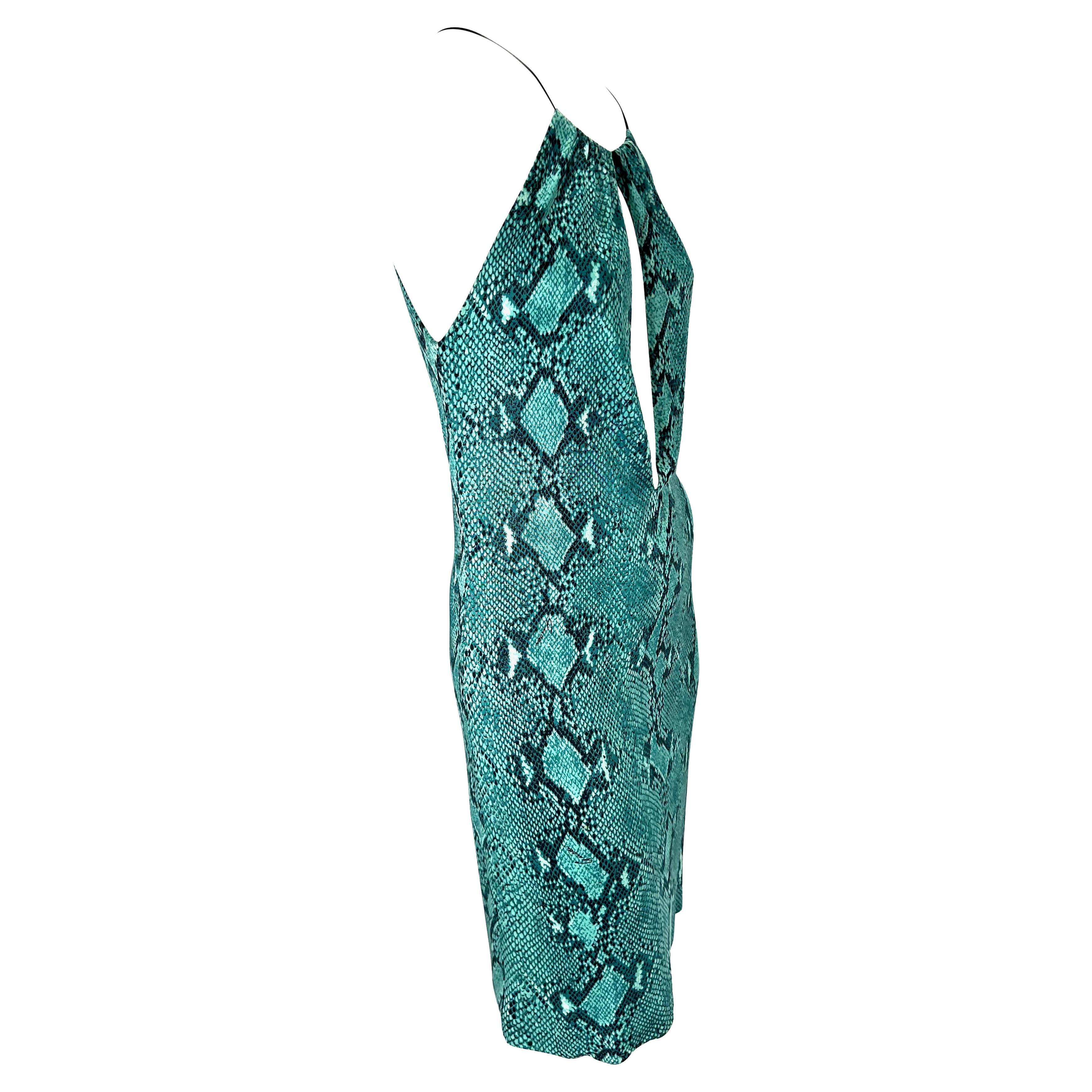 S/S 2000 Gucci by Tom Ford Blue Snake Print Viscose Leather Strap Plunging Dress For Sale 8