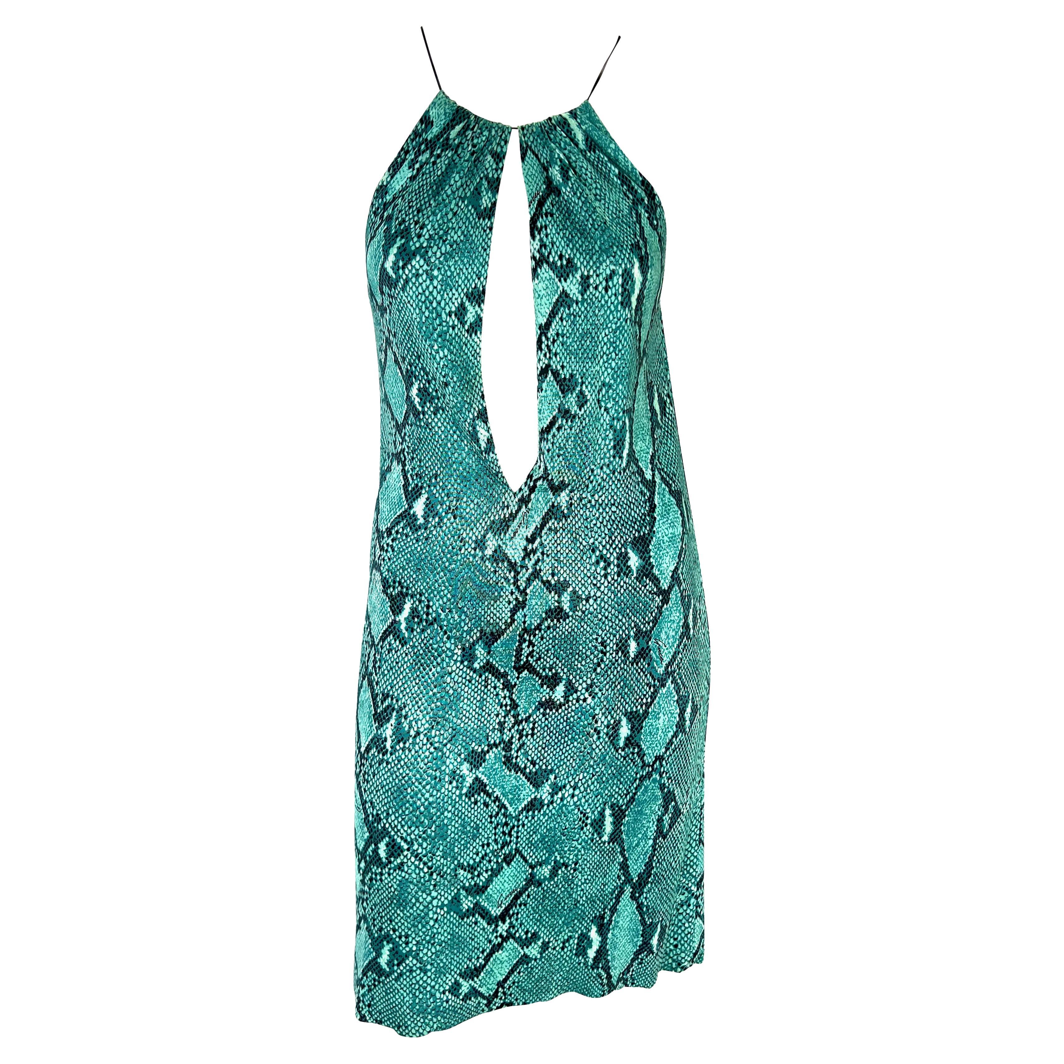 S/S 2000 Gucci by Tom Ford Blue Snake Print Viscose Leather Strap Plunging Dress For Sale