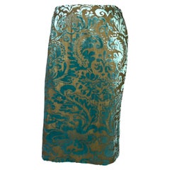 S/S 2000 Gucci by Tom Ford Floral Bronze Painted Teal Velvet Skirt Sample
