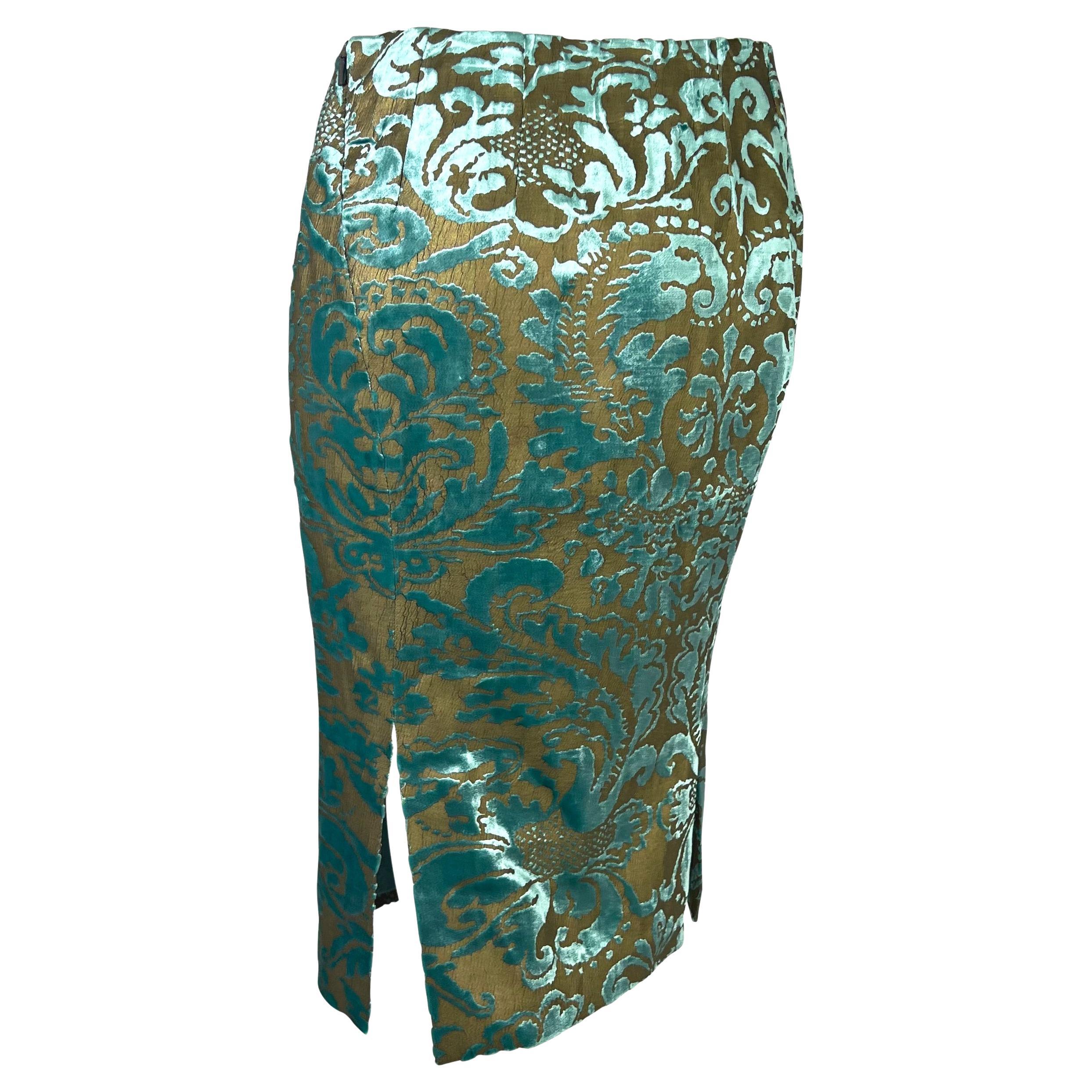 Black S/S 2000 Gucci by Tom Ford Floral Bronze Painted Teal Velvet Skirt Sample For Sale