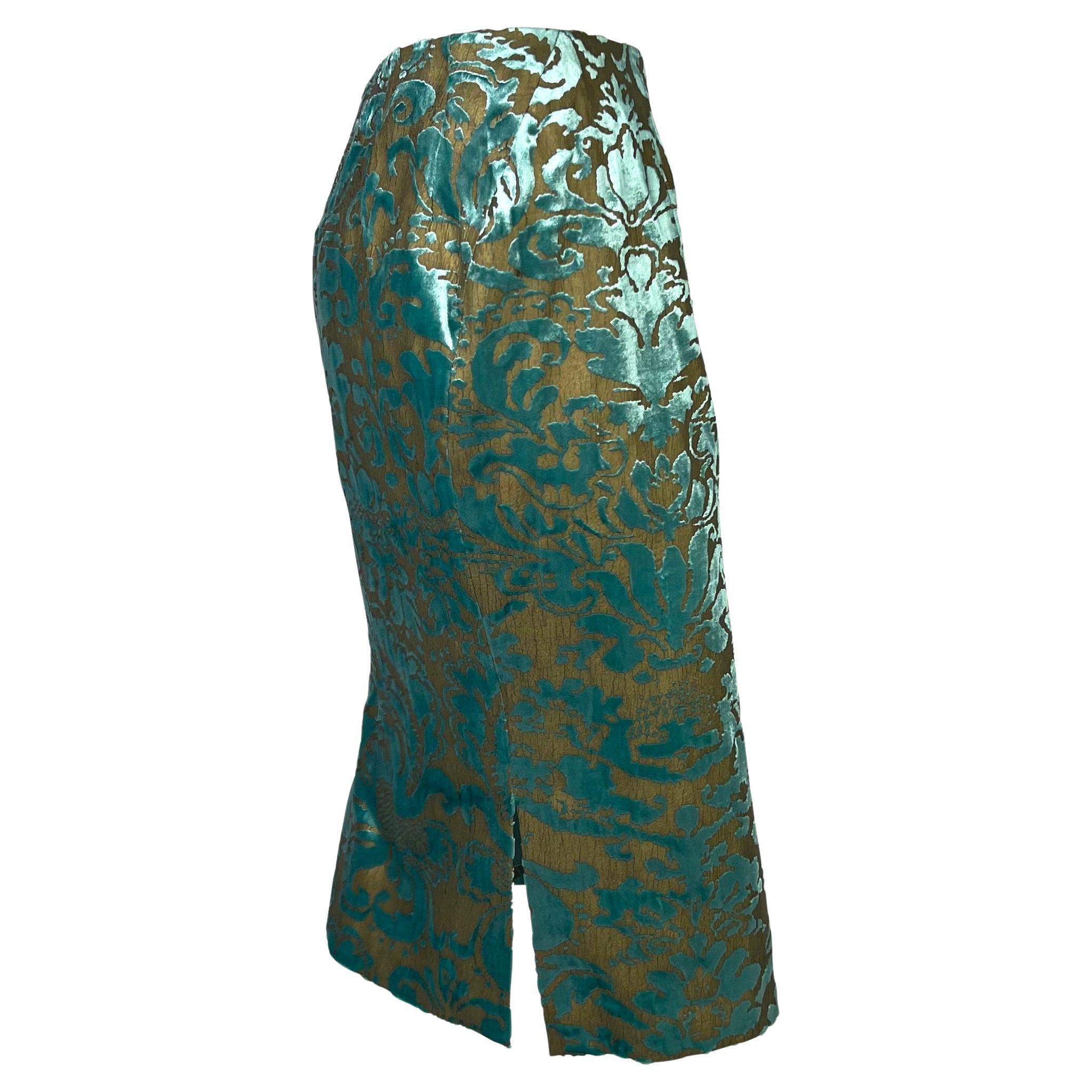 S/S 2000 Gucci by Tom Ford Floral Bronze Painted Teal Velvet Skirt Sample In Good Condition For Sale In West Hollywood, CA