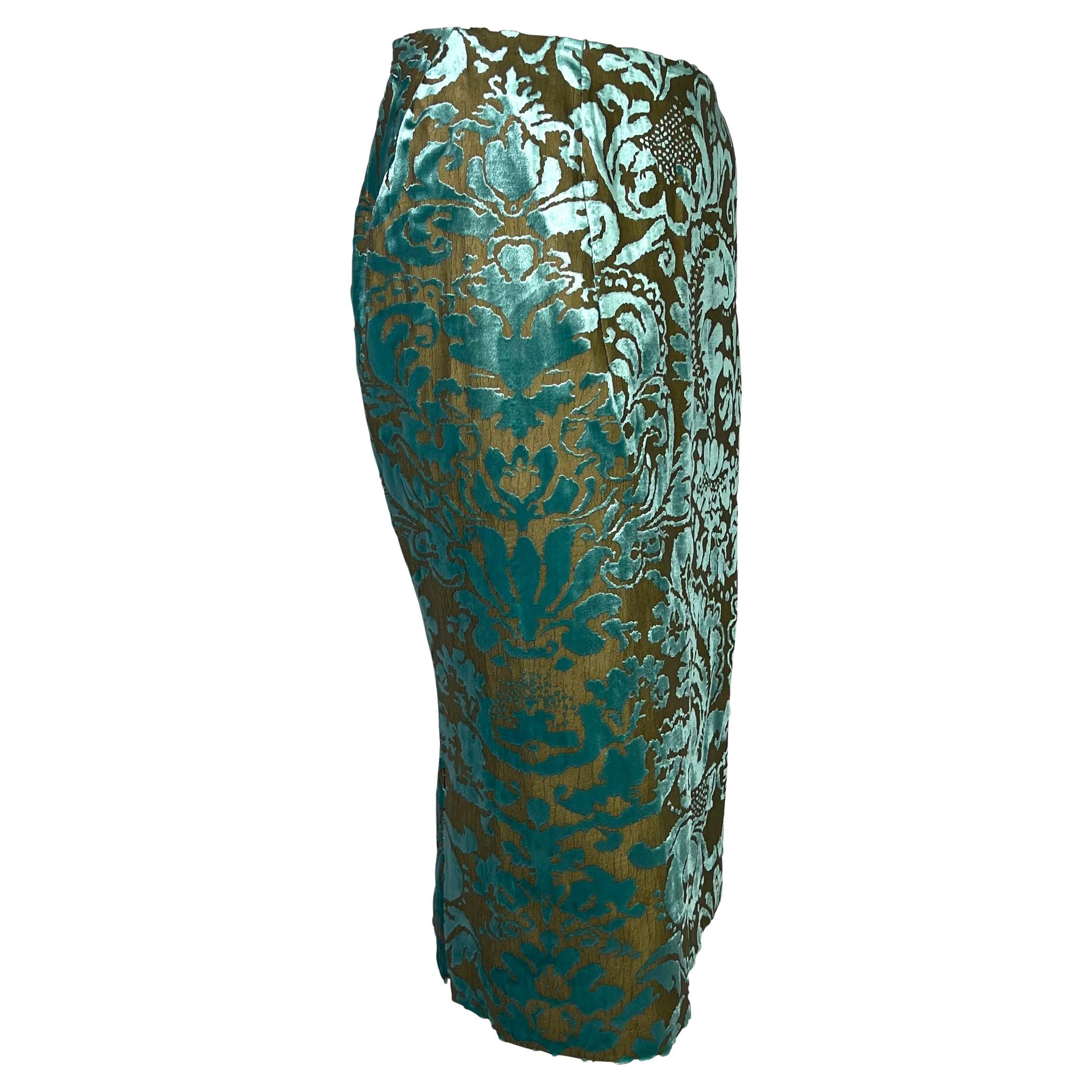 Women's S/S 2000 Gucci by Tom Ford Floral Bronze Painted Teal Velvet Skirt Sample For Sale