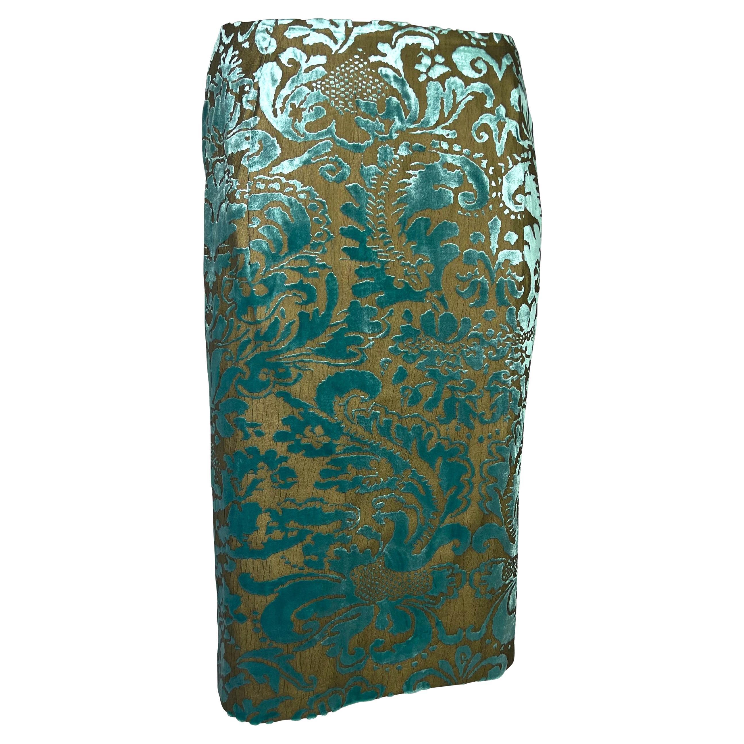 S/S 2000 Gucci by Tom Ford Floral Bronze Painted Teal Velvet Skirt Sample For Sale