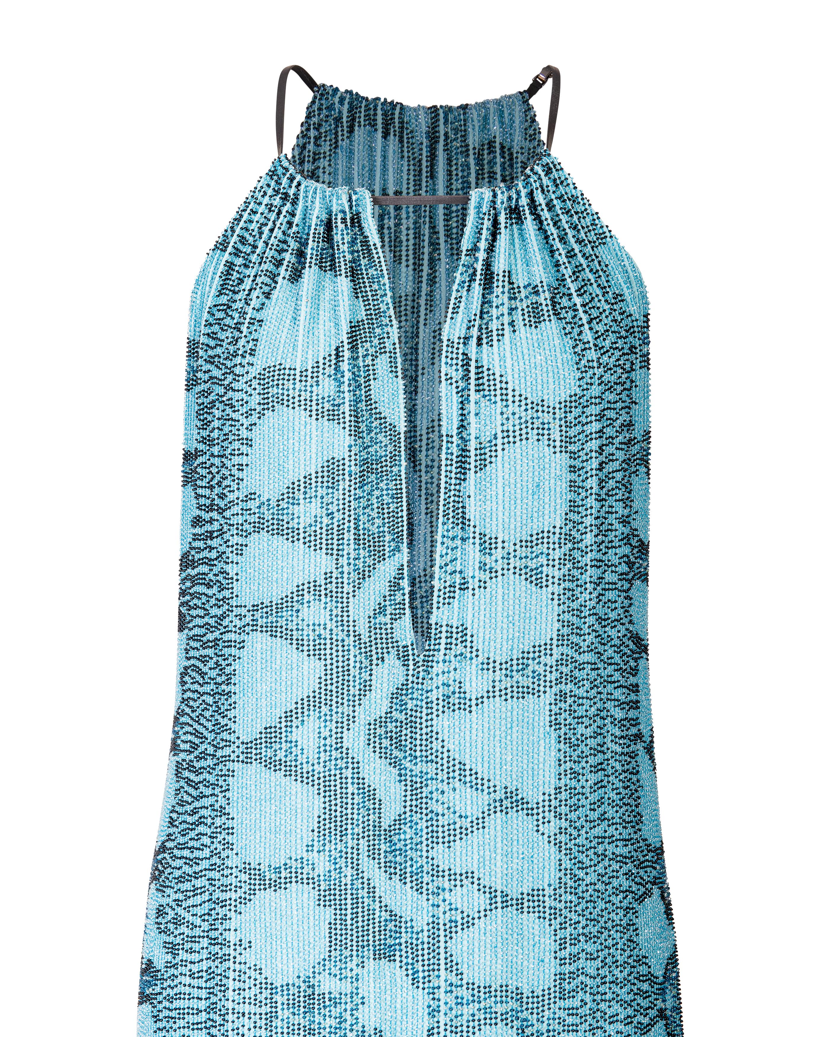 Women's S/S 2000 Gucci by Tom Ford Fully Beaded Turquoise Snakeskin Pattern Dress