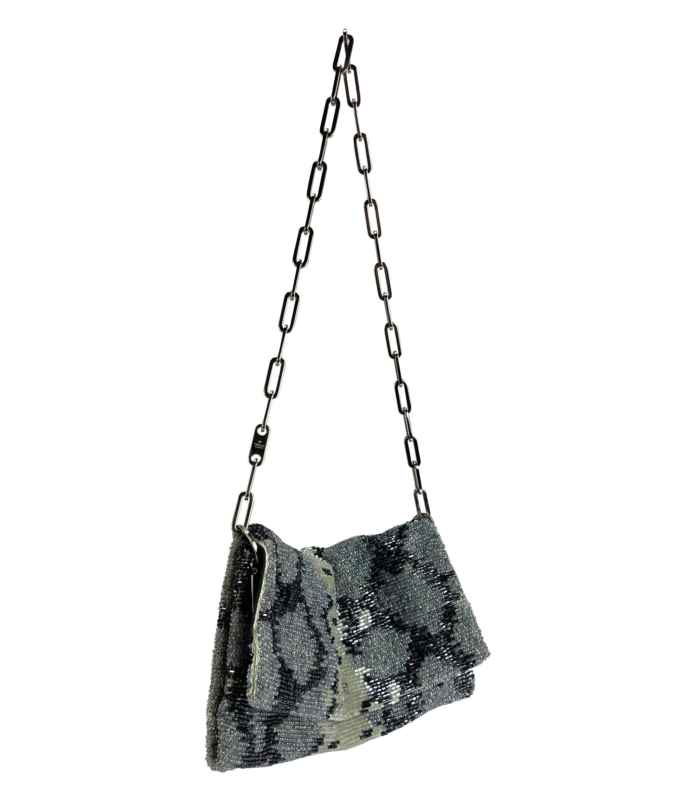 S/S 2000 Gucci by Tom Ford Grey Beaded Snake Skin Print Chain Flap Bag  In Good Condition For Sale In West Hollywood, CA