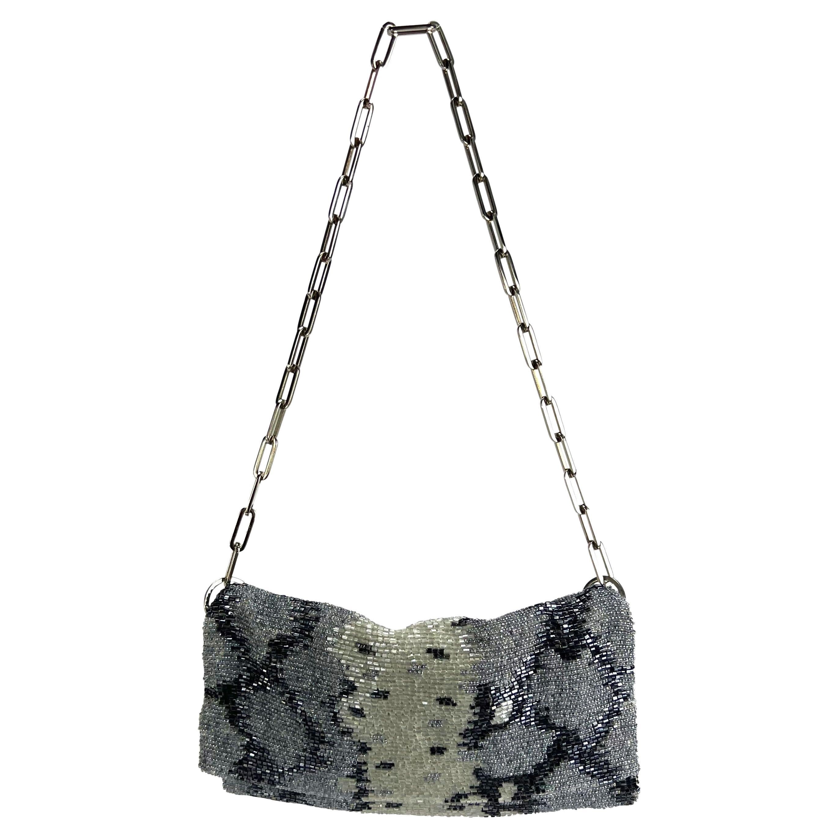 S/S 2000 Gucci by Tom Ford Grey Beaded Snake Skin Print Chain Flap Bag  For Sale