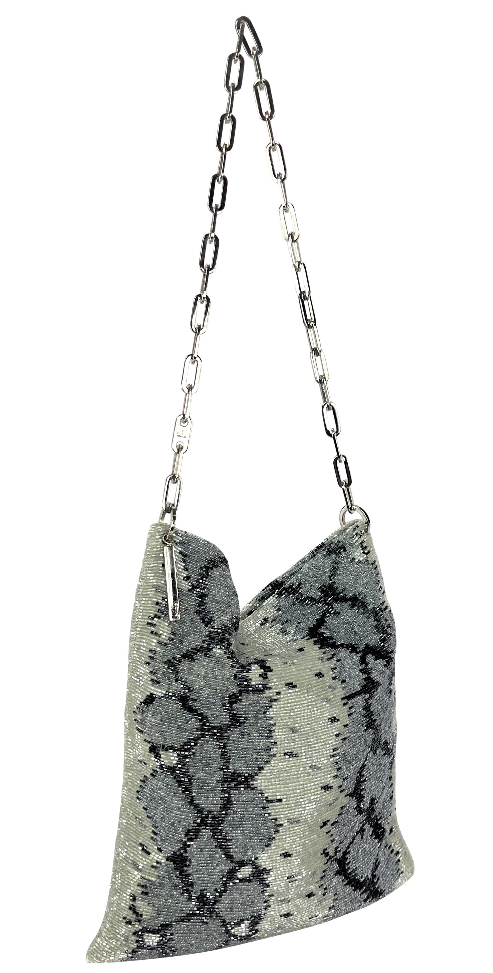 S/S 2000 Gucci by Tom Ford Grey Snake Pattern Beaded Chain Flat Shoulder Bag For Sale 5