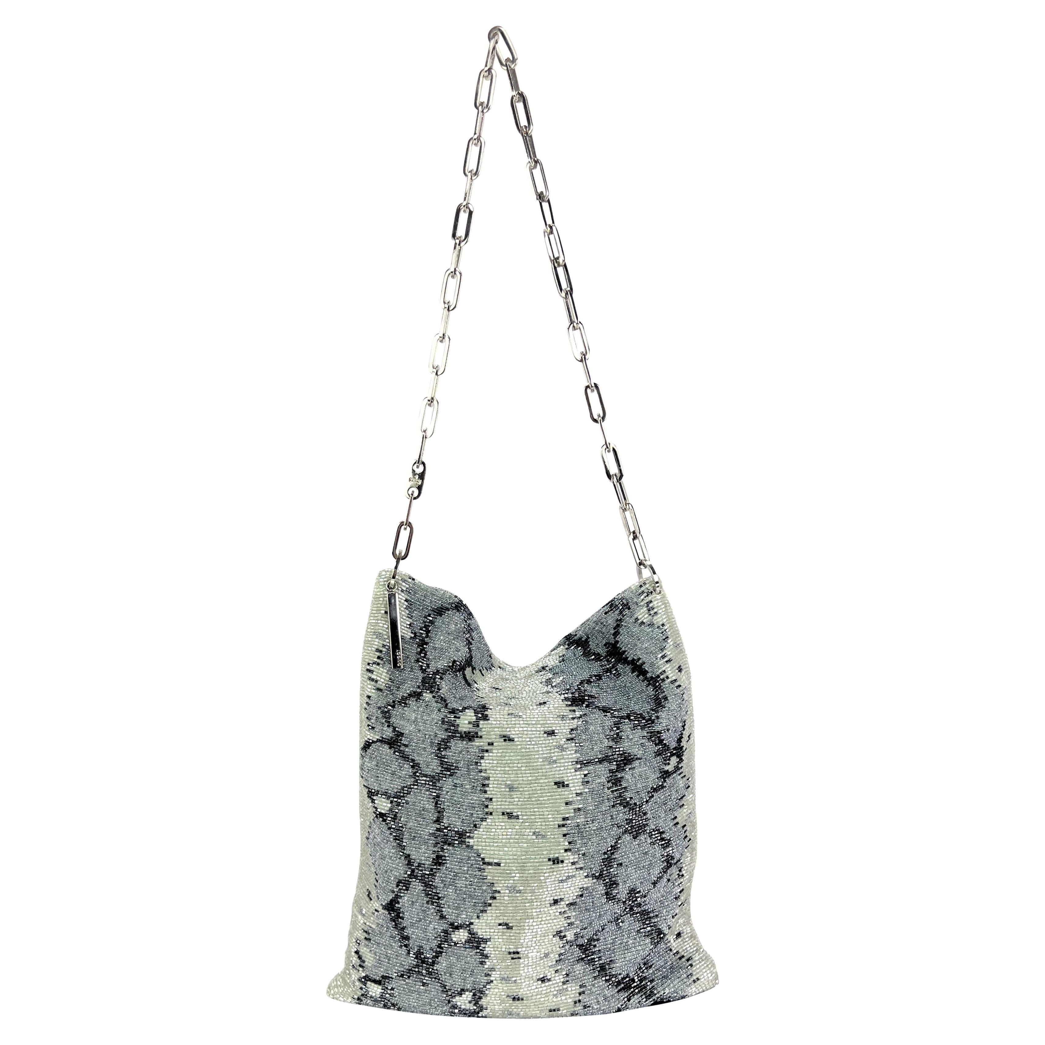 S/S 2000 Gucci by Tom Ford Grey Snake Pattern Beaded Chain Flat Shoulder Bag For Sale