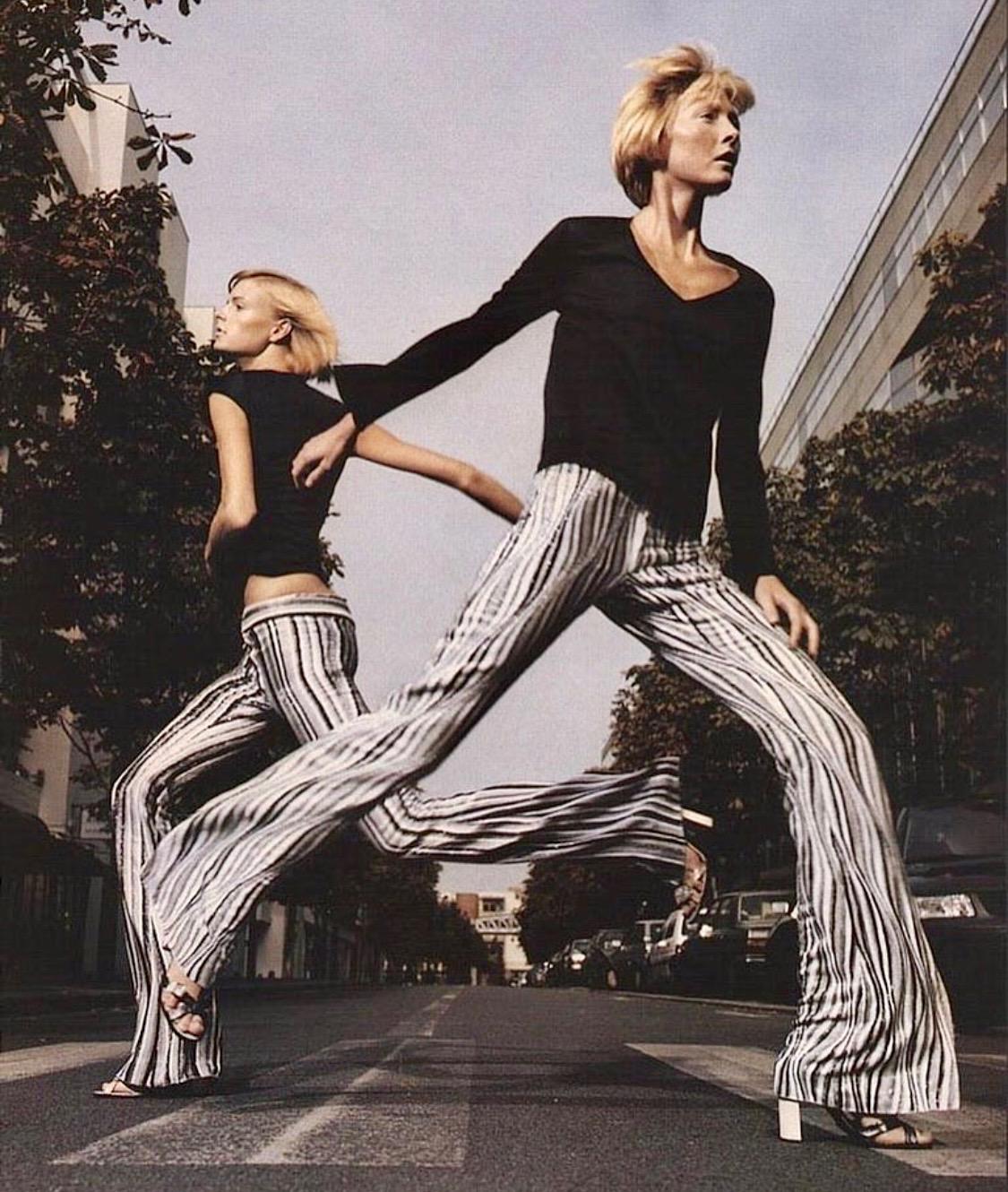 S/S 2000 Gucci by Tom Ford Heavily Beaded Striped Pants Black White Grey Runway In Good Condition For Sale In West Hollywood, CA