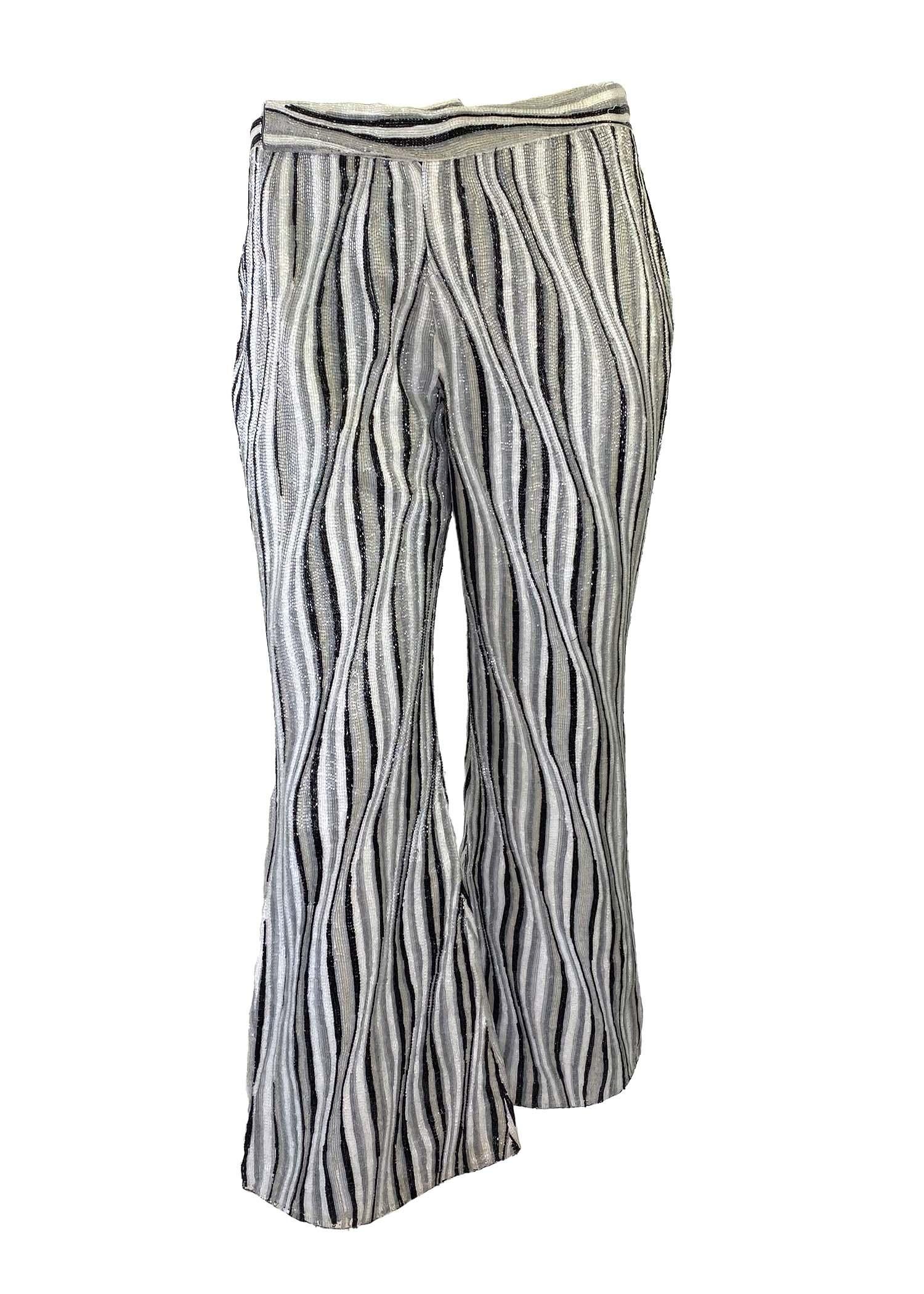 S/S 2000 Gucci by Tom Ford Heavily Beaded Striped Pants Black White Grey Runway For Sale 3