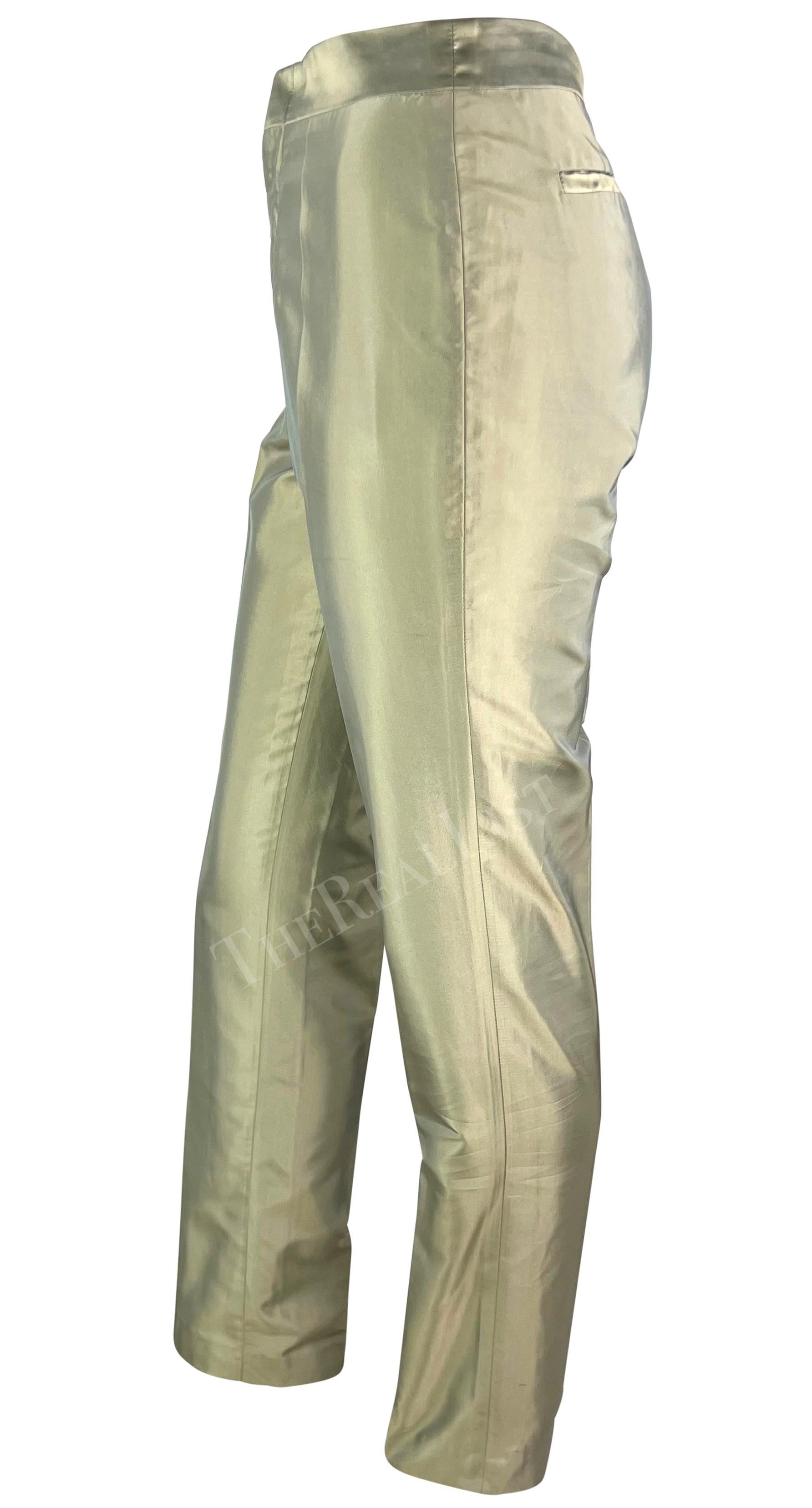 S/S 2000 Gucci by Tom Ford Light Green Iridescent Silk Straight Leg Pants In Excellent Condition For Sale In West Hollywood, CA