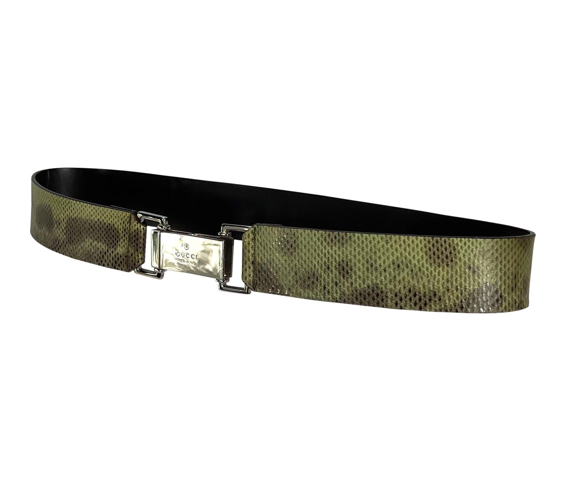 Presenting a fabulous watersnake skin Gucci belt, designed by Tom Ford. From the Spring/Summer 2000 collection, this belt features a natural watersnake skin strap and is made complete with a silver-tone clip buckle.

Approximate Measurements: