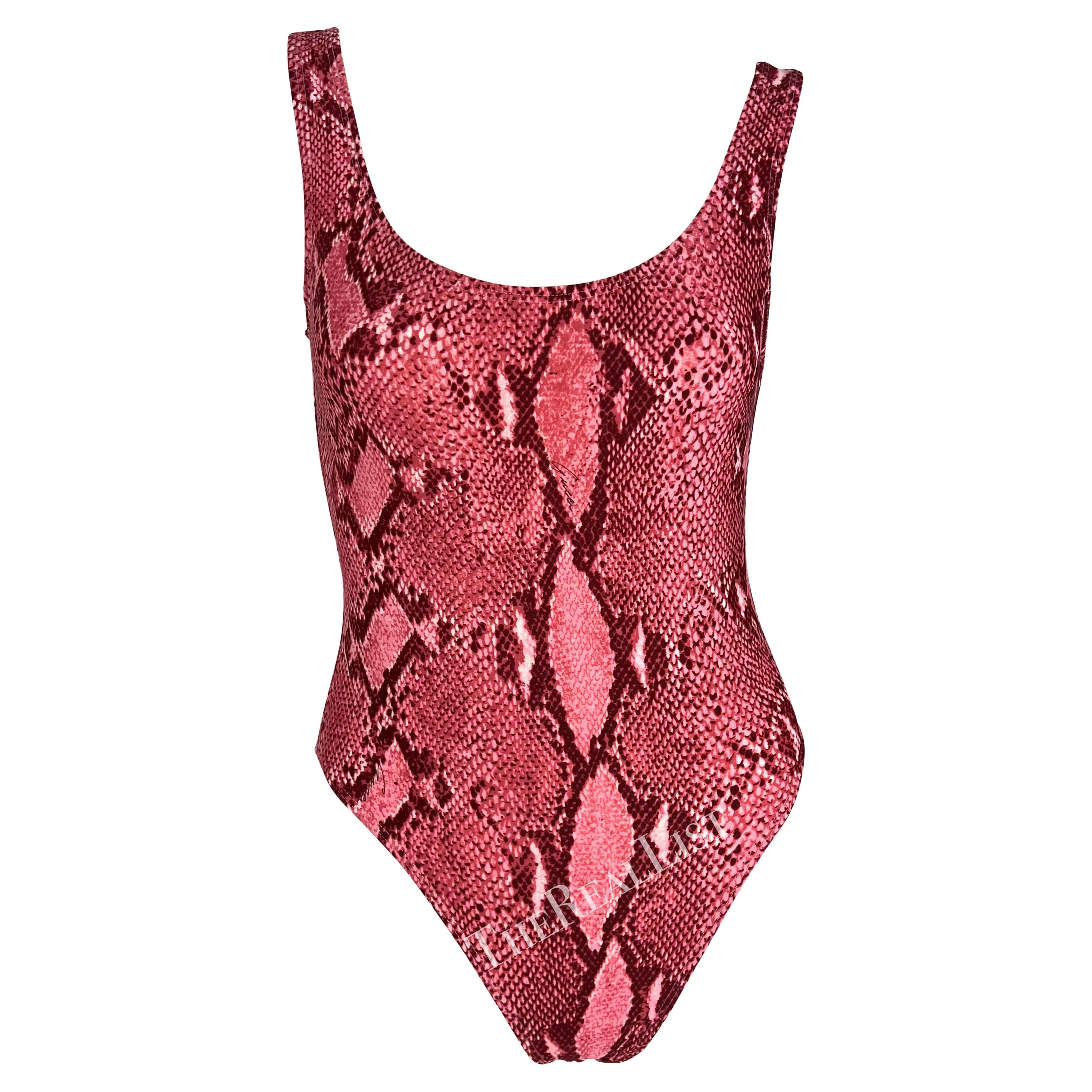 S/S 2000 Gucci by Tom Ford Pink Snakeskin Print One Piece Swimsuit Bodysuit For Sale