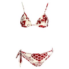Used S/S 2000 Gucci by Tom Ford Red Havana Print Tie White Bikini Set