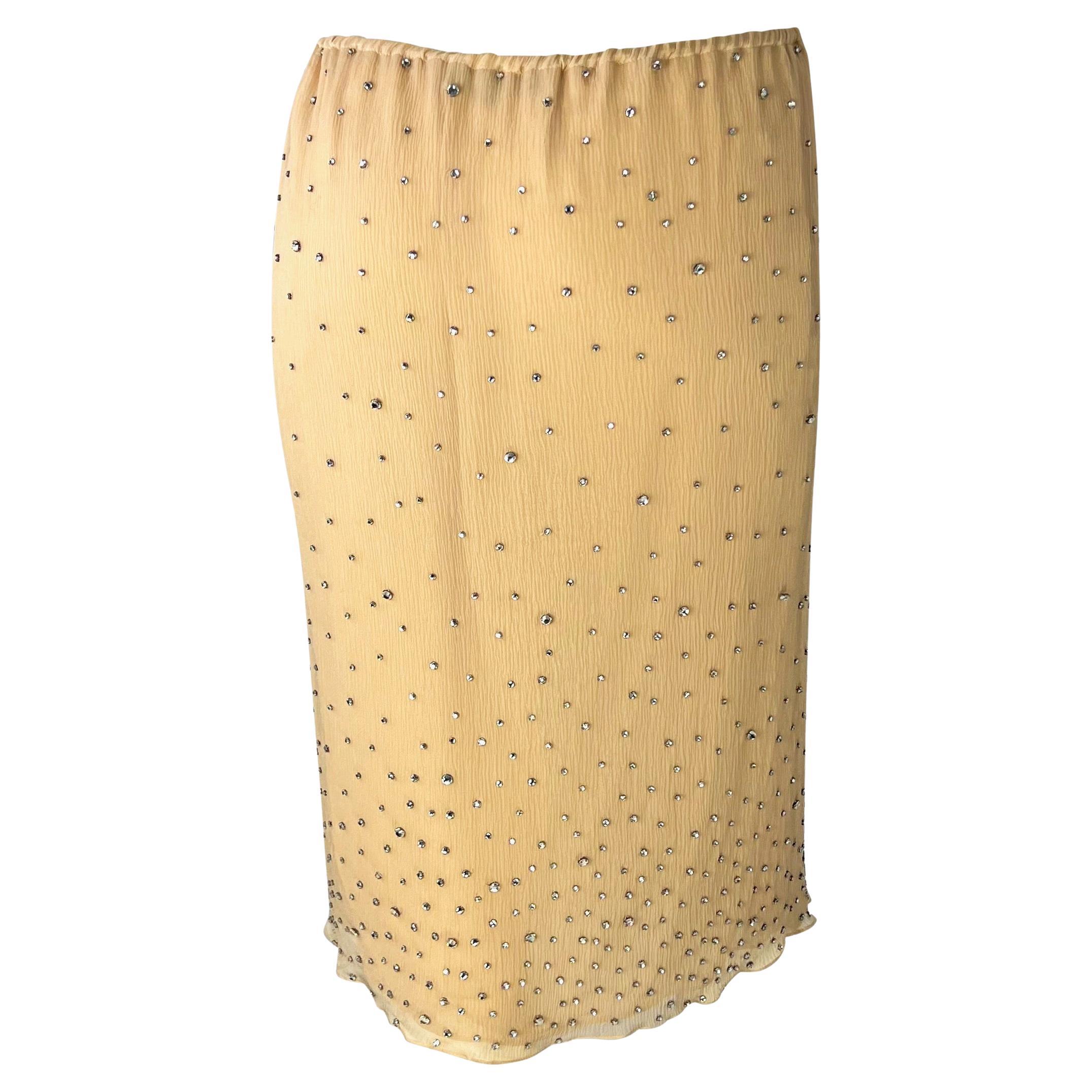 S/S 2000 Gucci by Tom Ford Rhinestone Sheer Beige Crepe Silk Skirt In Excellent Condition In West Hollywood, CA