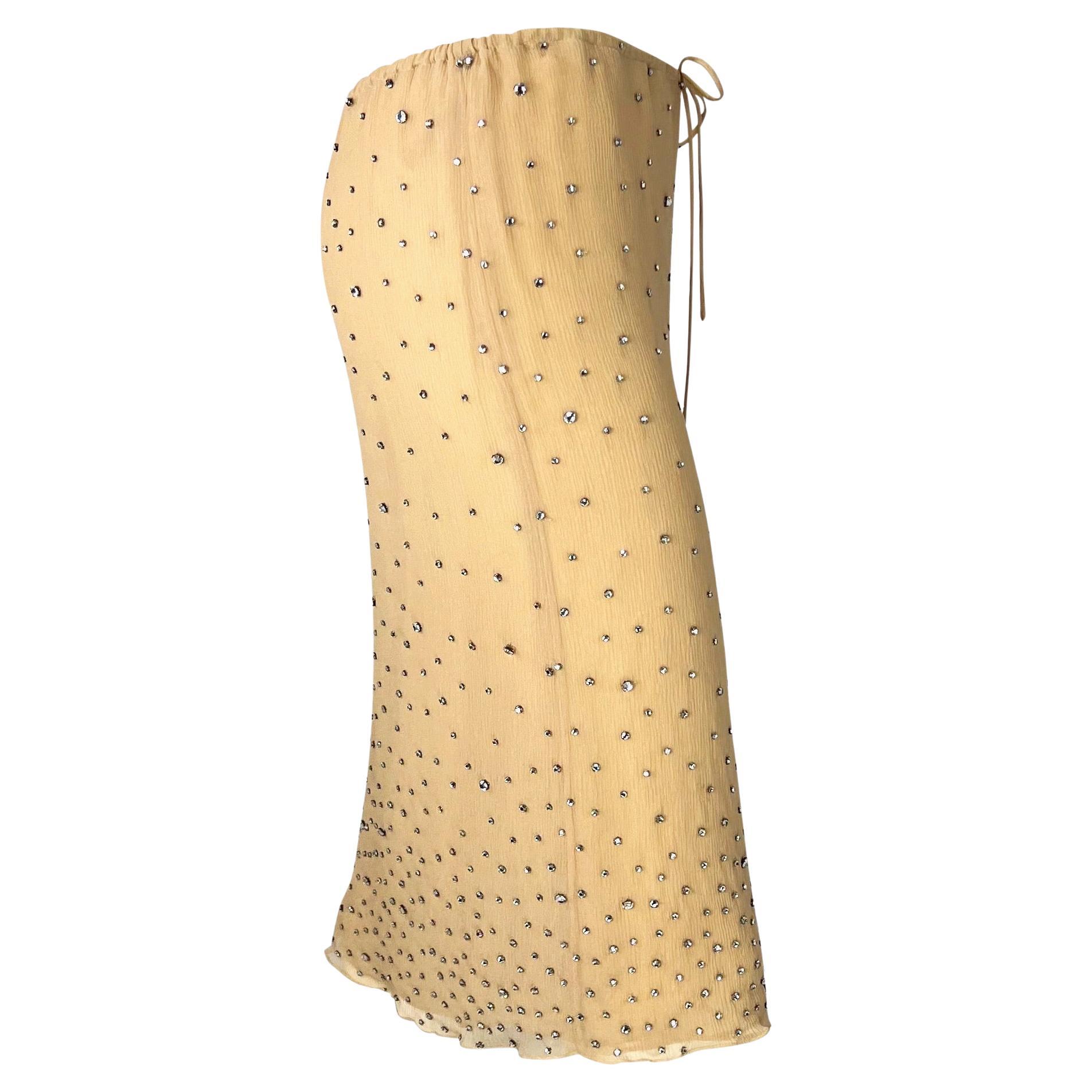 Women's S/S 2000 Gucci by Tom Ford Rhinestone Sheer Beige Crepe Silk Skirt