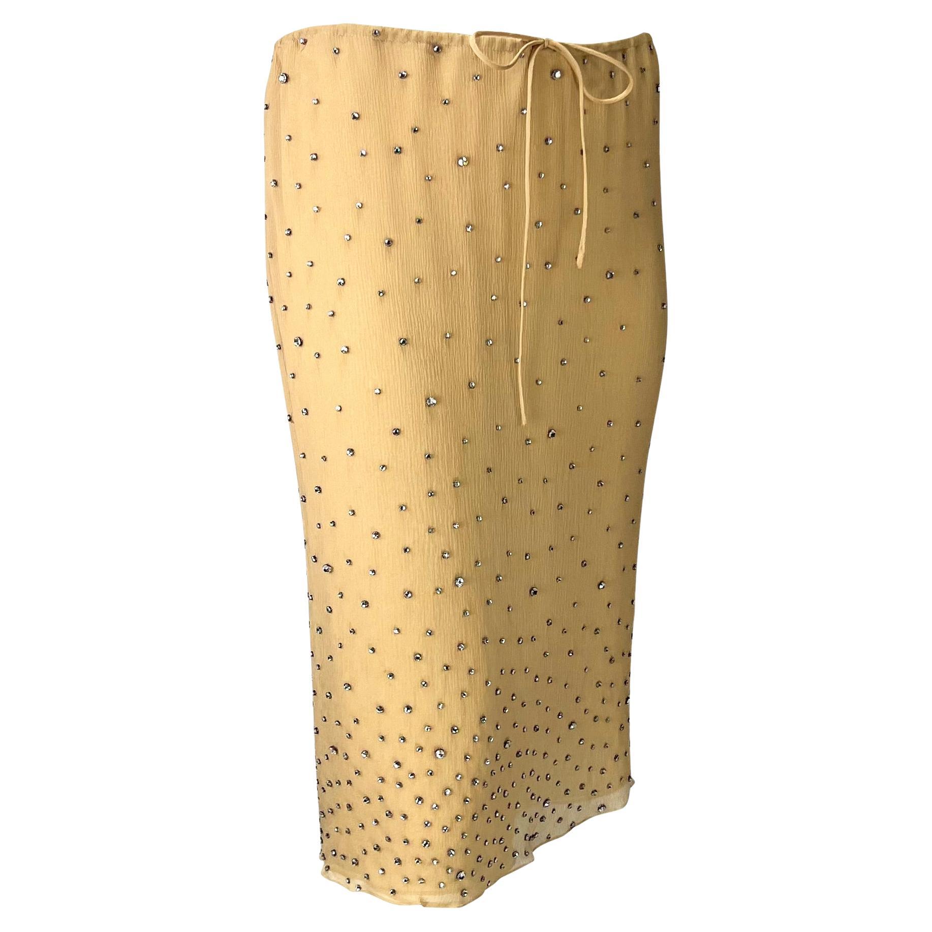 S/S 2000 Gucci by Tom Ford Rhinestone Sheer Beige Crepe Silk Skirt 1