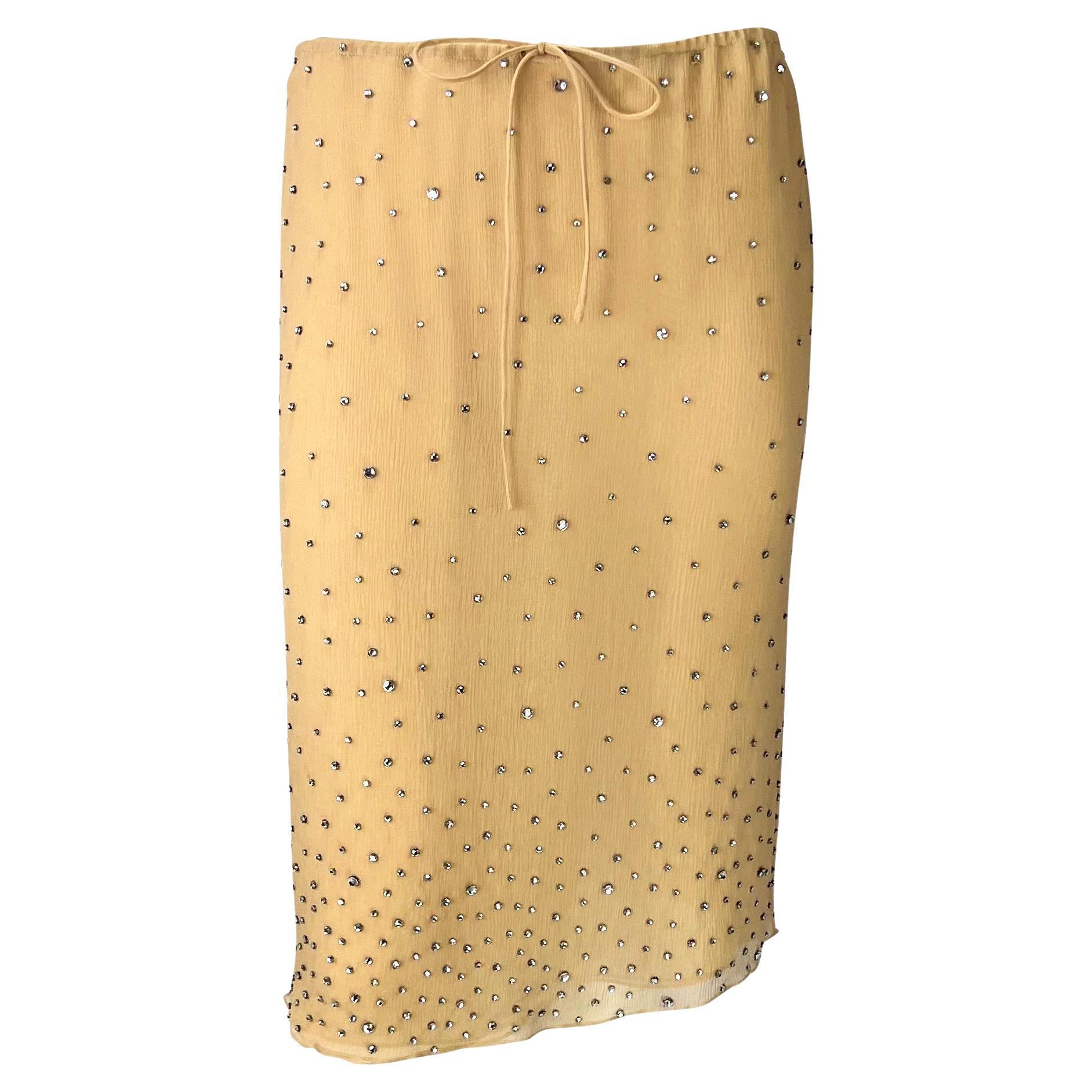 S/S 2000 Gucci by Tom Ford Rhinestone Sheer Beige Crepe Silk Skirt
