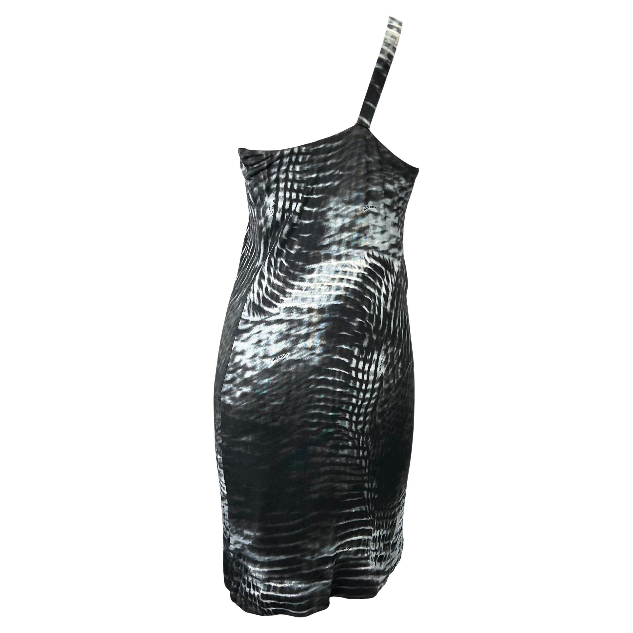 S/S 2000 Gucci by Tom Ford Runway Asymmetric Black Tie-Dye Logo Viscose Dress For Sale 1