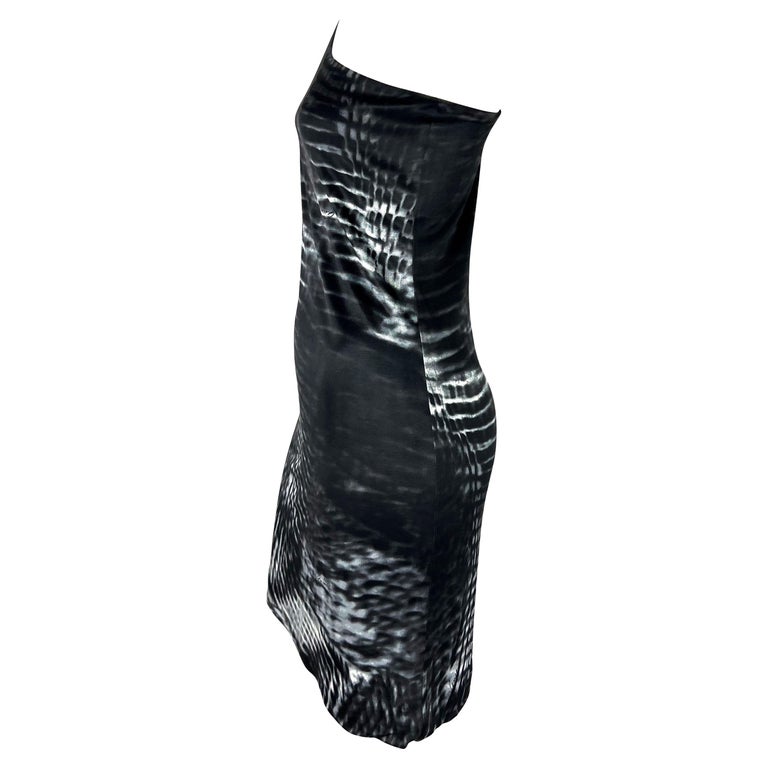 S/S 2000 Gucci by Tom Ford Runway Asymmetric Black Tie-Dye Logo Viscose Dress For Sale 1