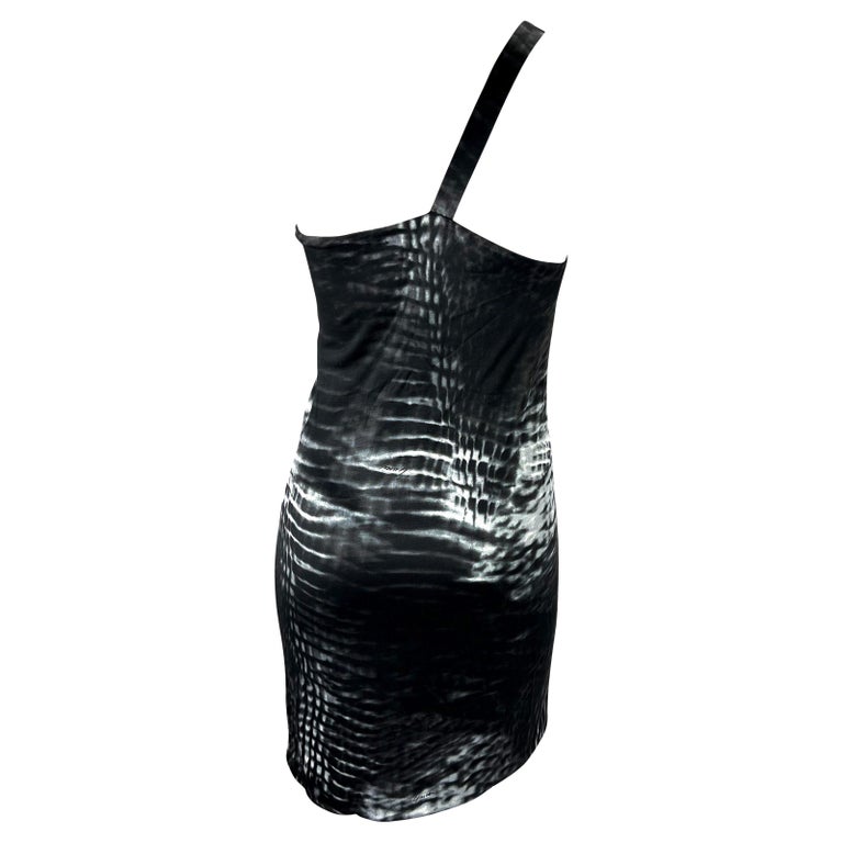 S/S 2000 Gucci by Tom Ford Runway Asymmetric Black Tie-Dye Logo Viscose Dress For Sale 2