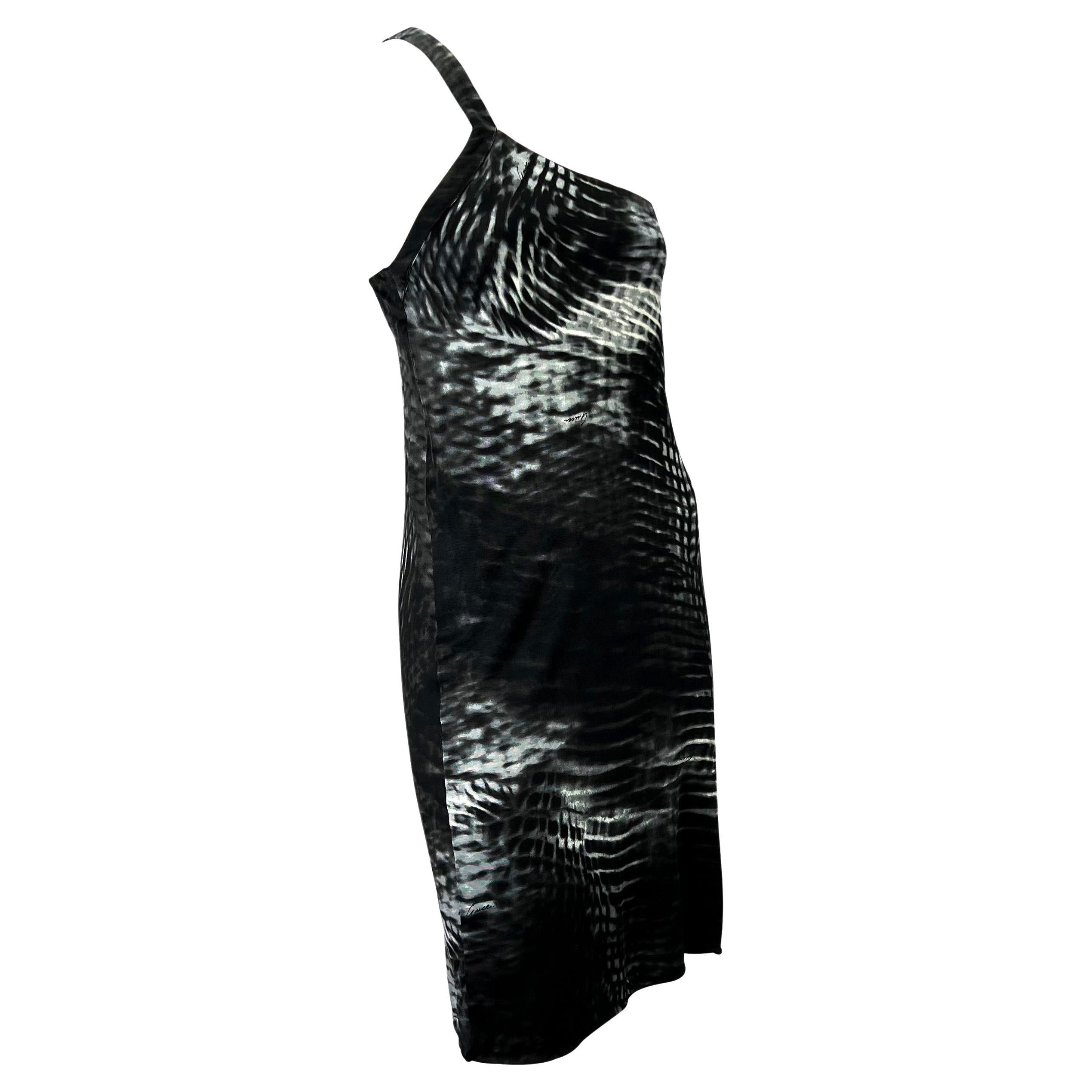 S/S 2000 Gucci by Tom Ford Runway Asymmetric Black Tie-Dye Logo Viscose Dress For Sale 3
