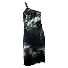 S/S 2000 Gucci by Tom Ford Runway Asymmetric Black Tie-Dye Logo Viscose Dress