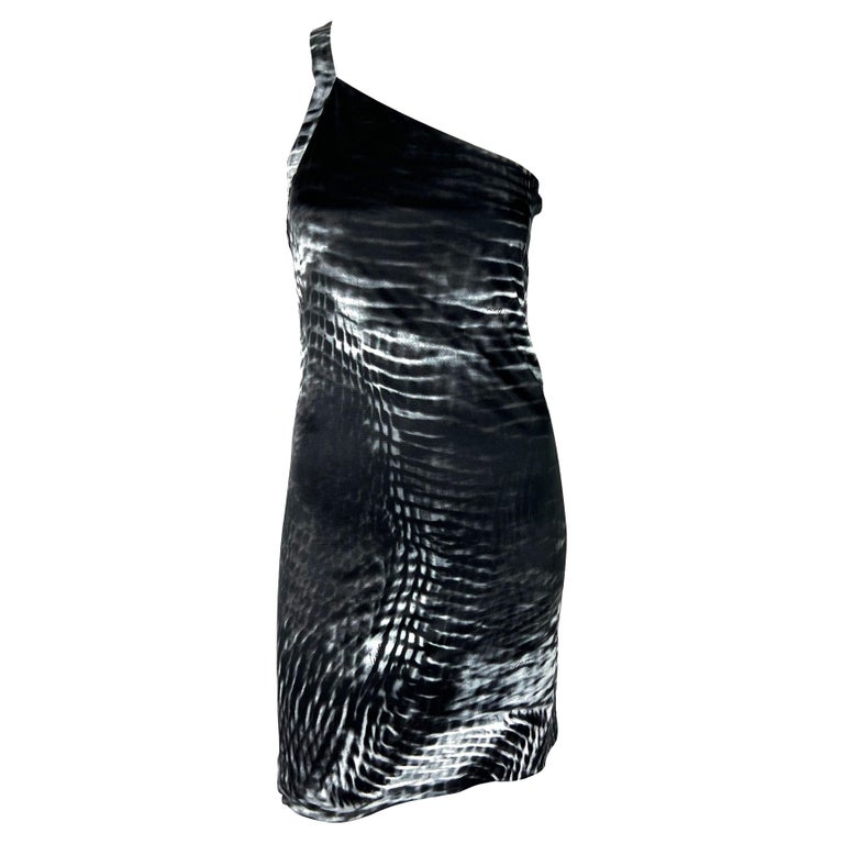 S/S 2000 Gucci by Tom Ford Runway Asymmetric Black Tie-Dye Logo Viscose Dress For Sale