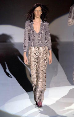S/S 2000 Gucci by Tom Ford Runway Brown Snakeskin Logo Print Stretch Flare Pants