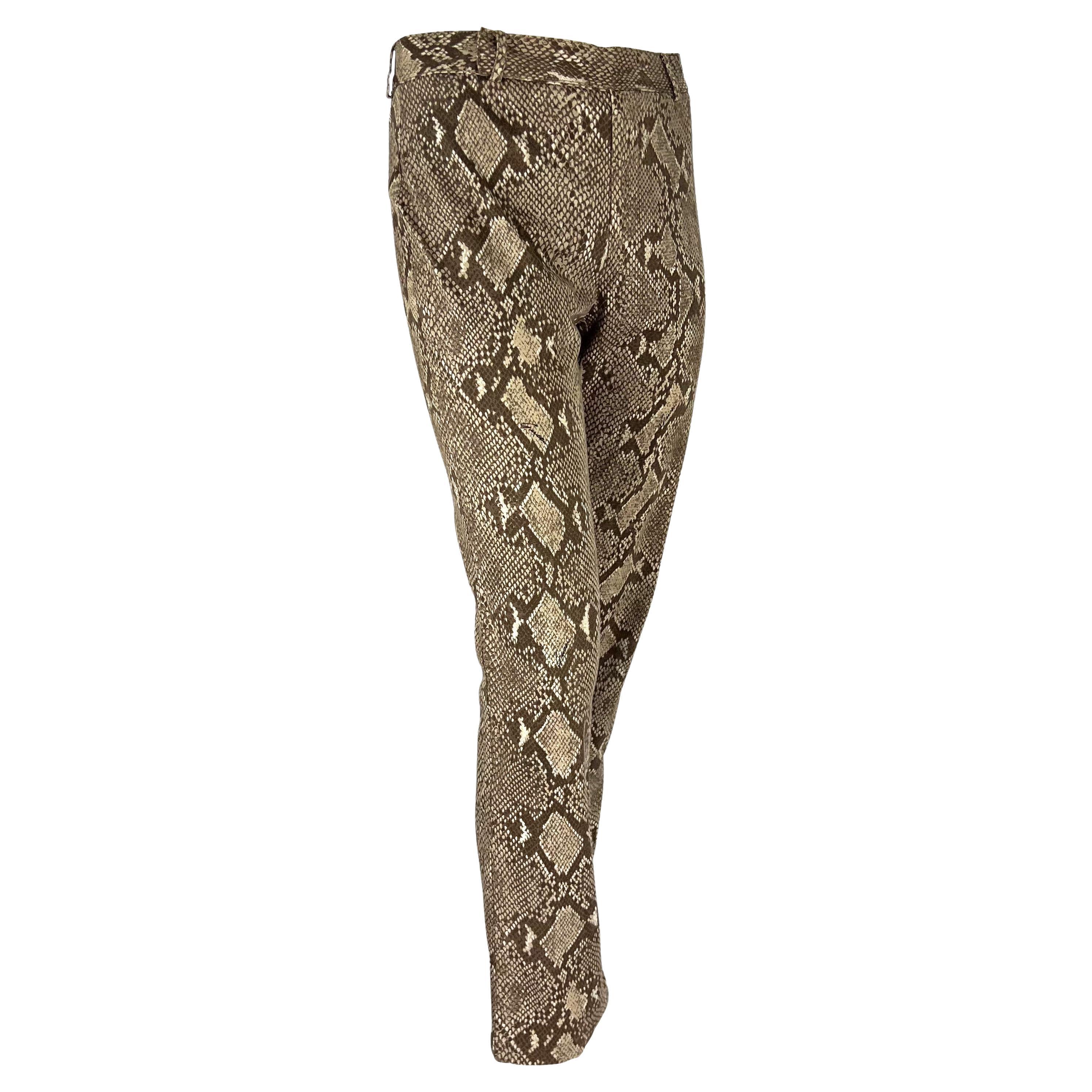 S/S 2000 Gucci by Tom Ford Runway Brown Snakeskin Logo Print Stretch Flare Pants 1