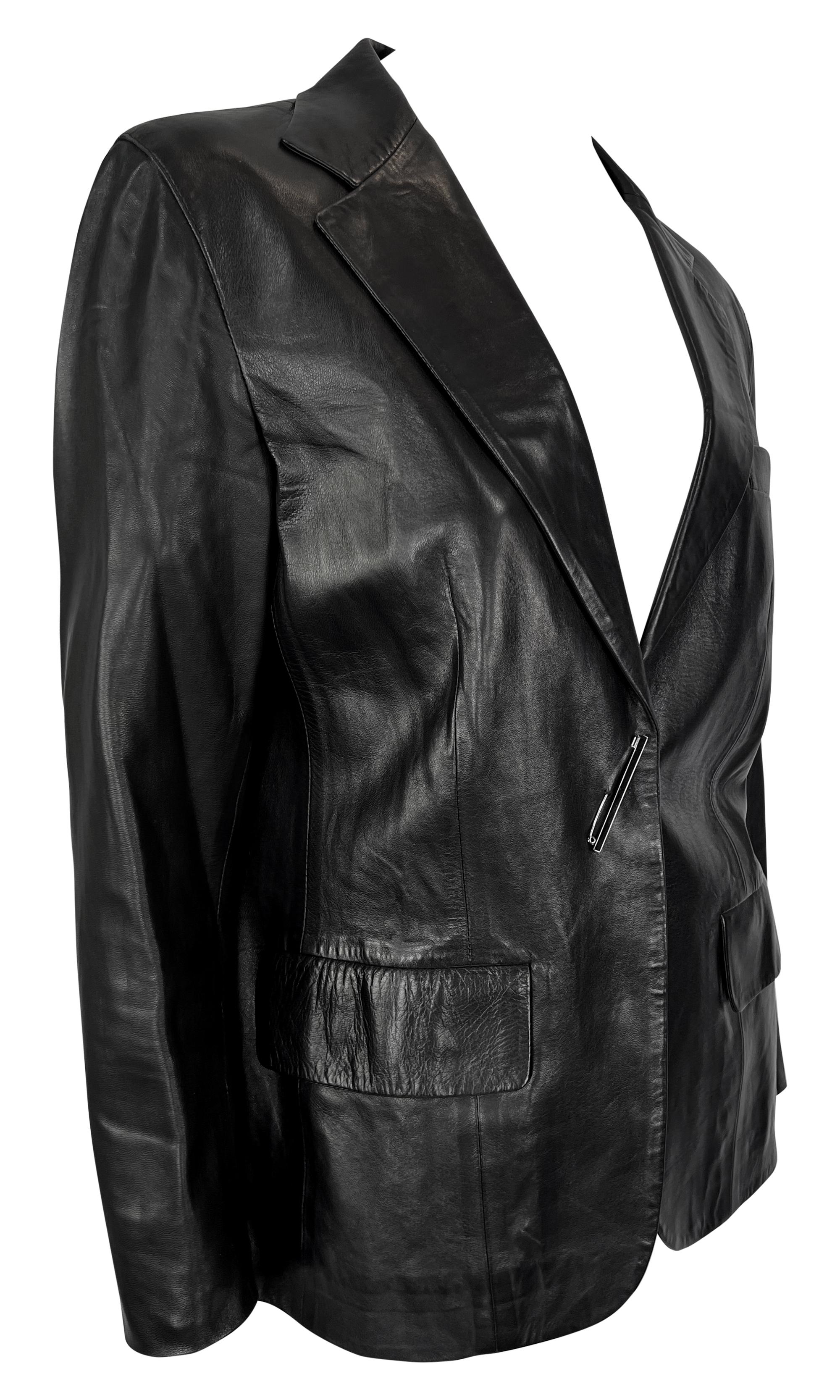 S/S 2000 Gucci by Tom Ford Runway Rhinestone Pin Black Leather Blazer Jacket For Sale 2