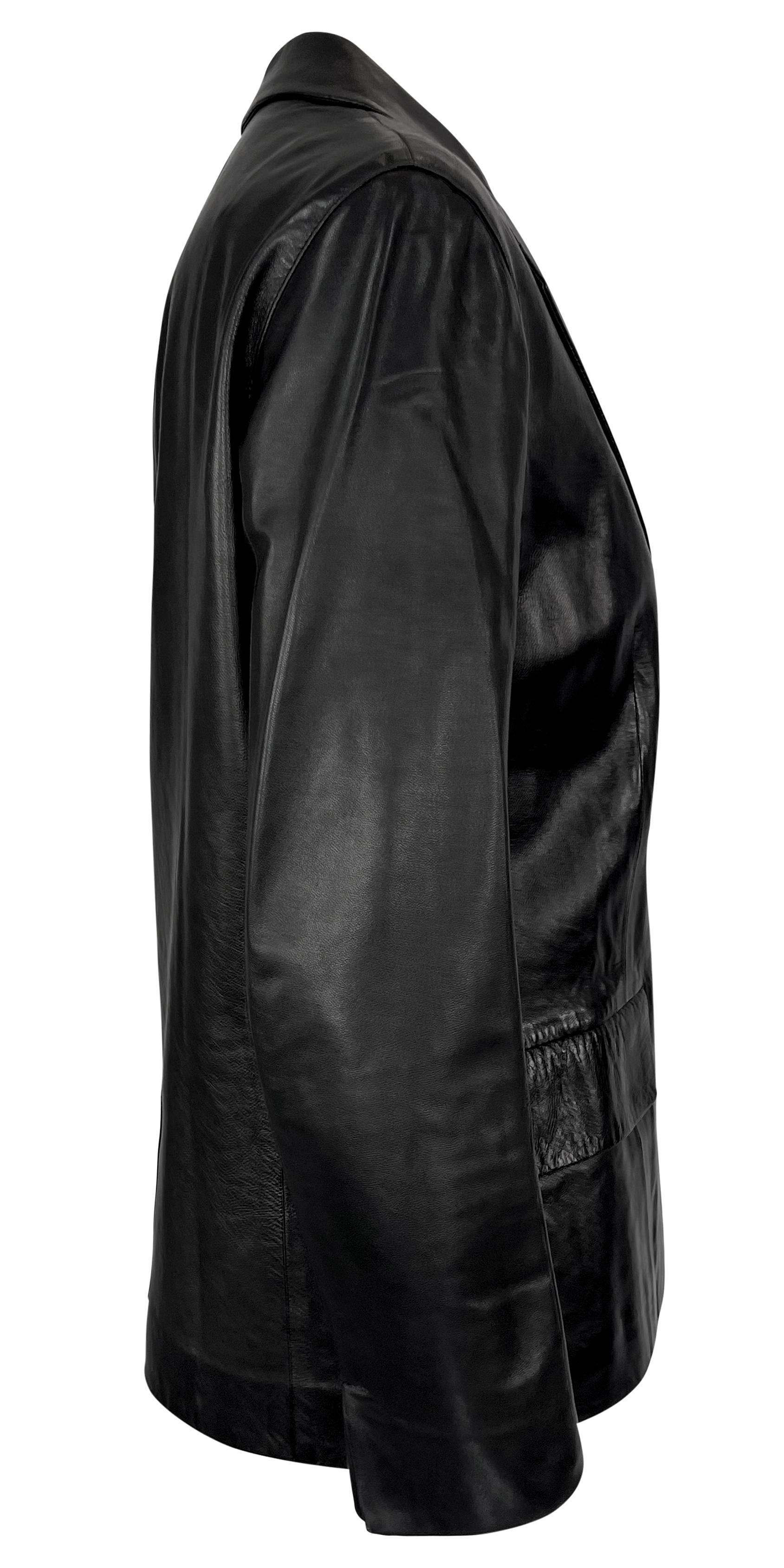 S/S 2000 Gucci by Tom Ford Runway Rhinestone Pin Black Leather Blazer Jacket For Sale 3