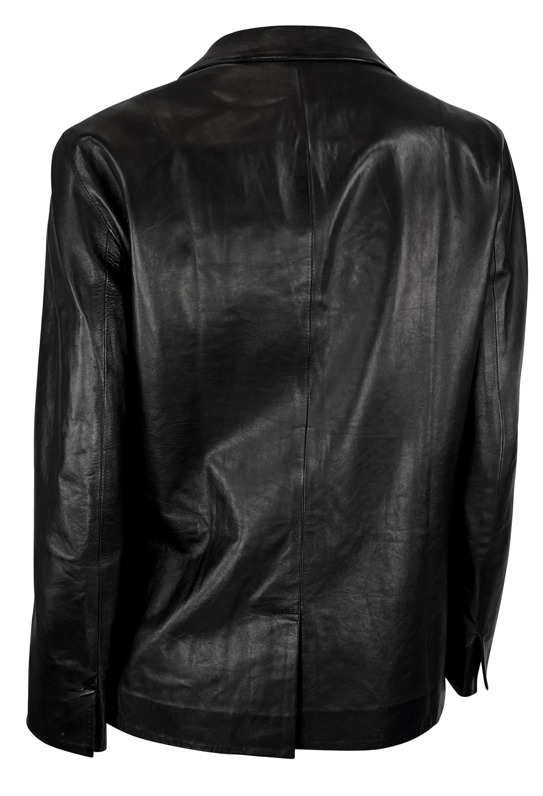 S/S 2000 Gucci by Tom Ford Runway Rhinestone Pin Black Leather Blazer Jacket For Sale 4