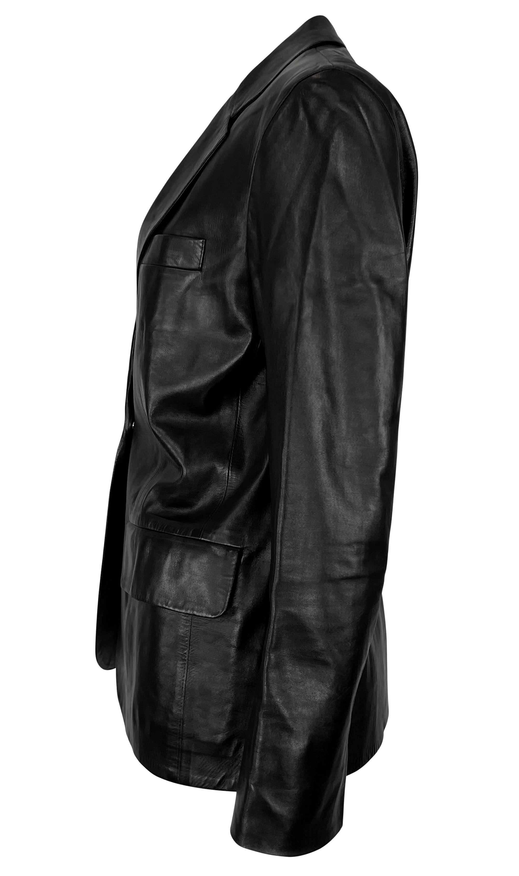 S/S 2000 Gucci by Tom Ford Runway Rhinestone Pin Black Leather Blazer Jacket For Sale 5