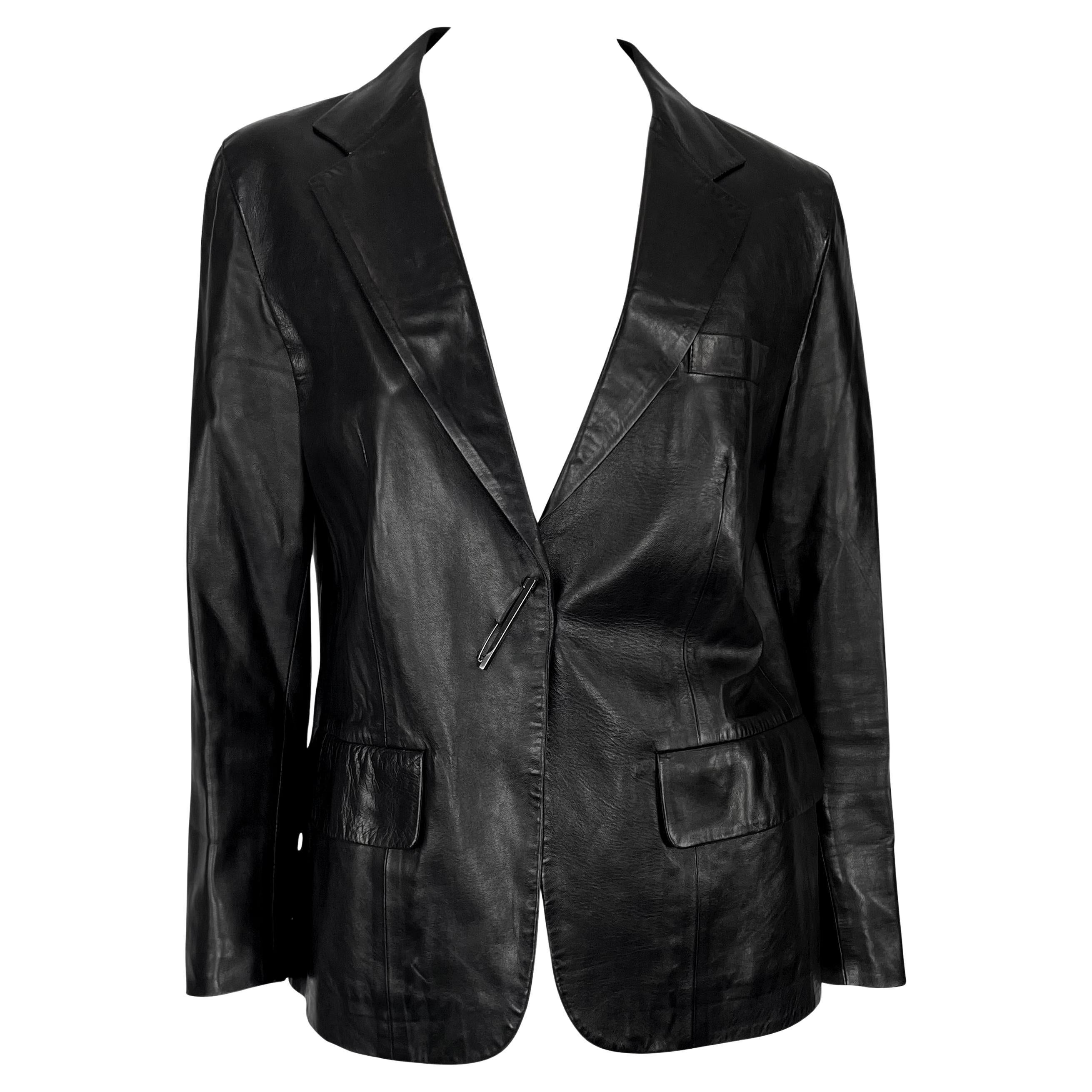 S/S 2000 Gucci by Tom Ford Runway Rhinestone Pin Black Leather Blazer Jacket For Sale