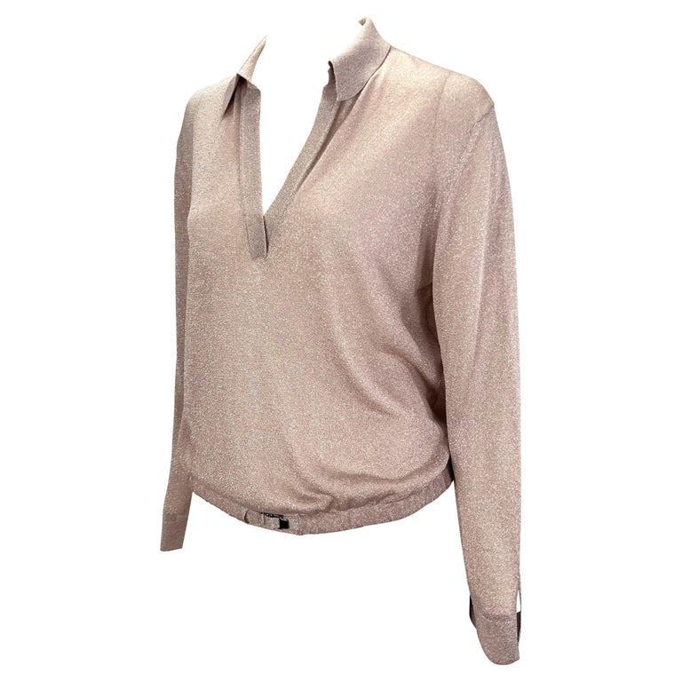Brown S/S 2000 Gucci by Tom Ford Runway Sheer Blush Pink Lurex Knit Belted Top For Sale