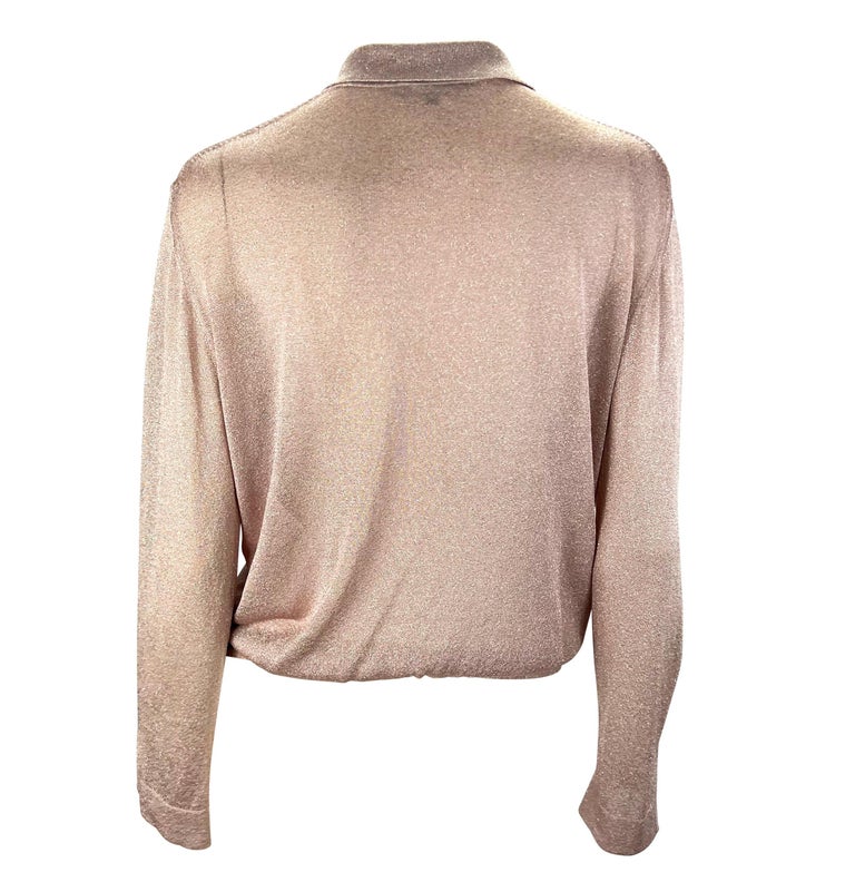S/S 2000 Gucci by Tom Ford Runway Sheer Blush Pink Lurex Knit Belted Top For Sale 2