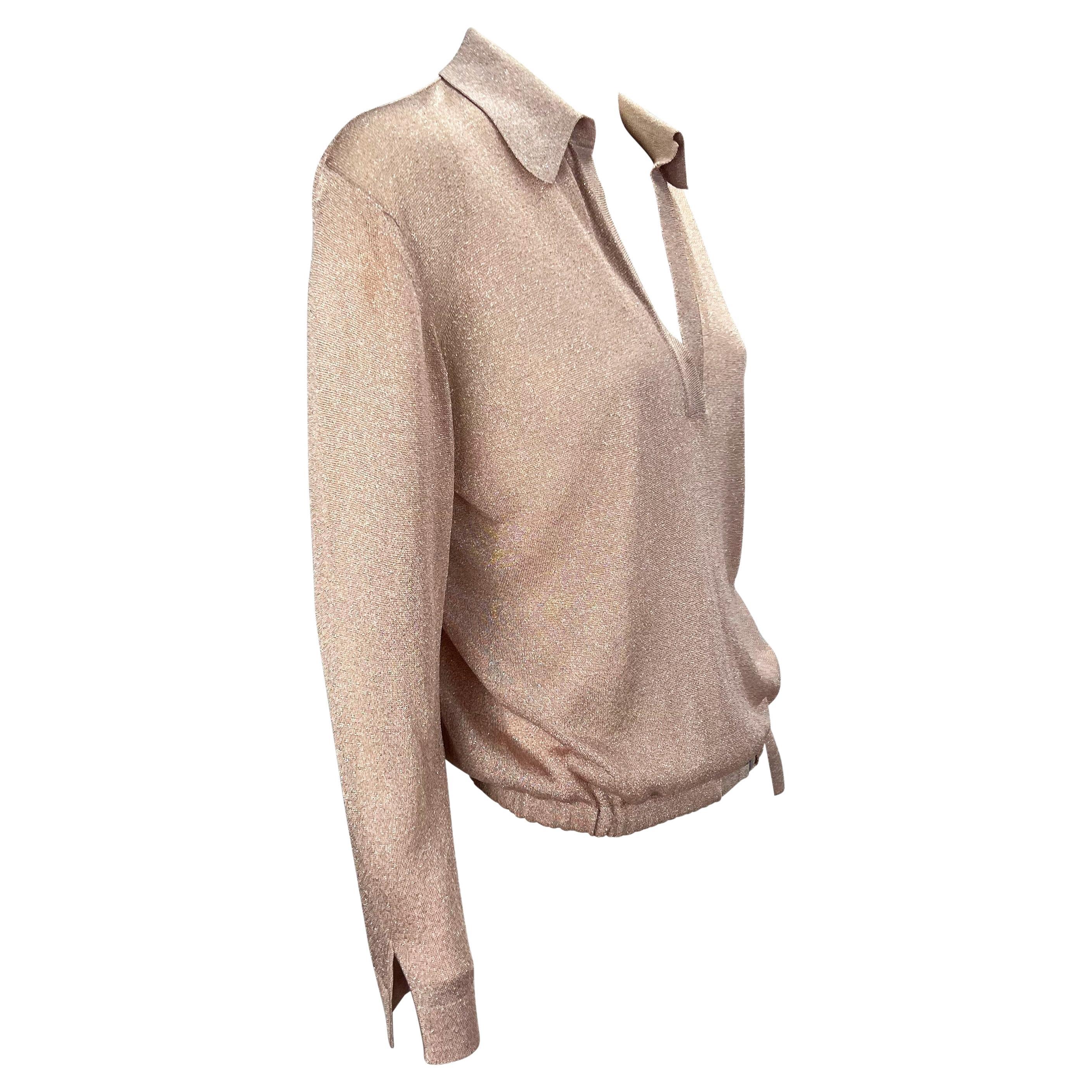 S/S 2000 Gucci by Tom Ford Runway Sheer Blush Pink Lurex Knit Belted Top For Sale 1