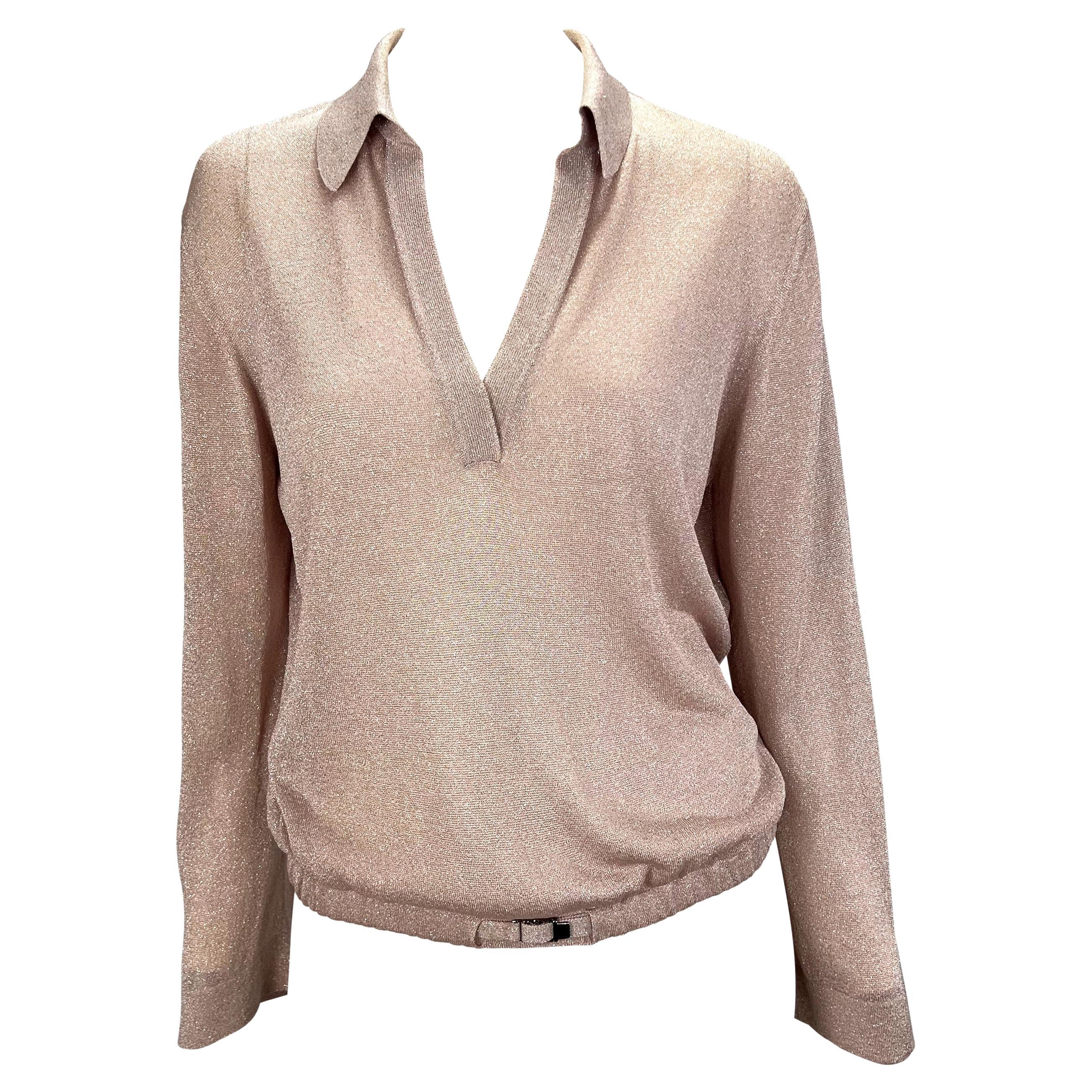 S/S 2000 Gucci by Tom Ford Runway Sheer Blush Pink Lurex Knit Belted Top For Sale