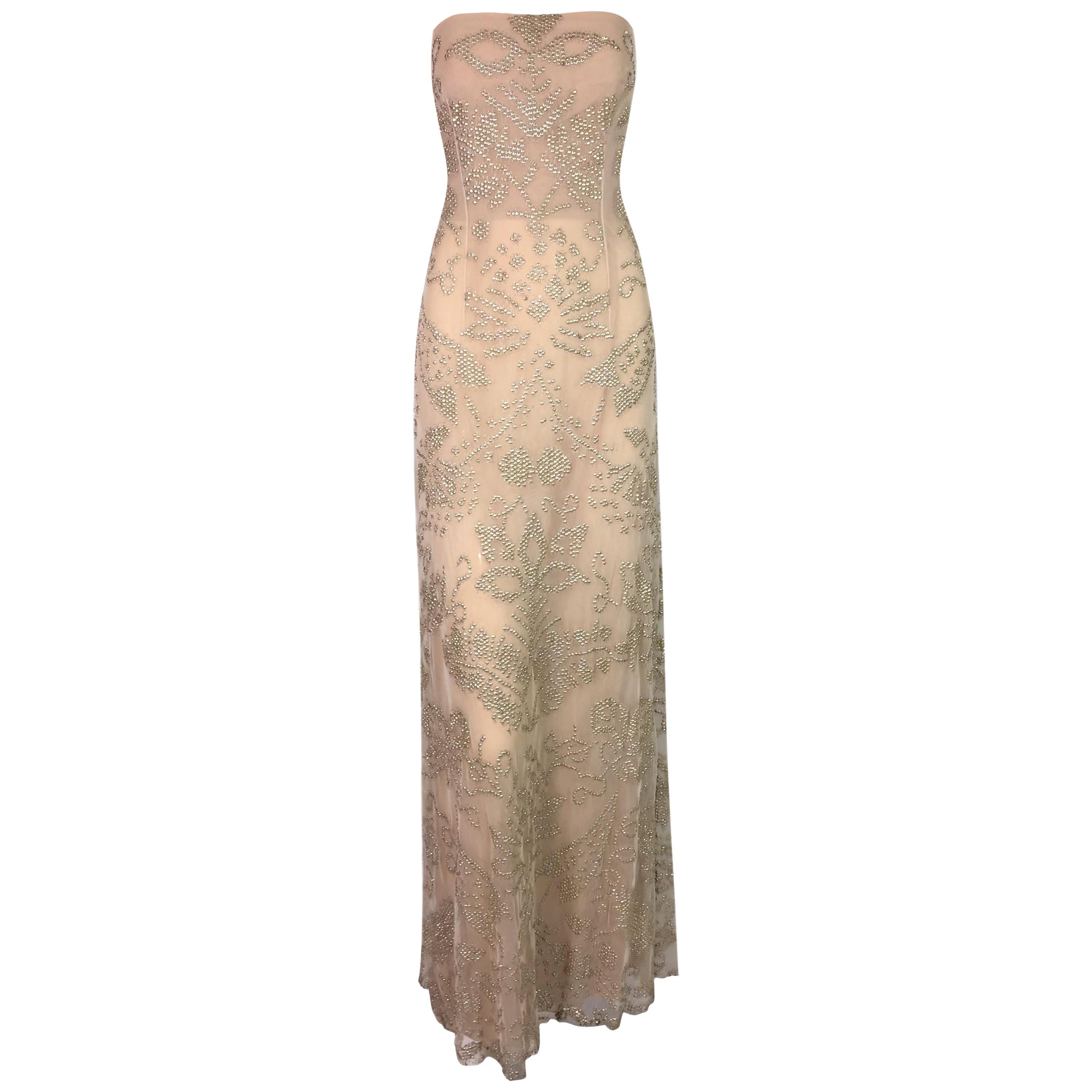 S/S 2000 Gucci by Tom Ford Semi-Sheer Sequin Nude Strapless Dress Gown