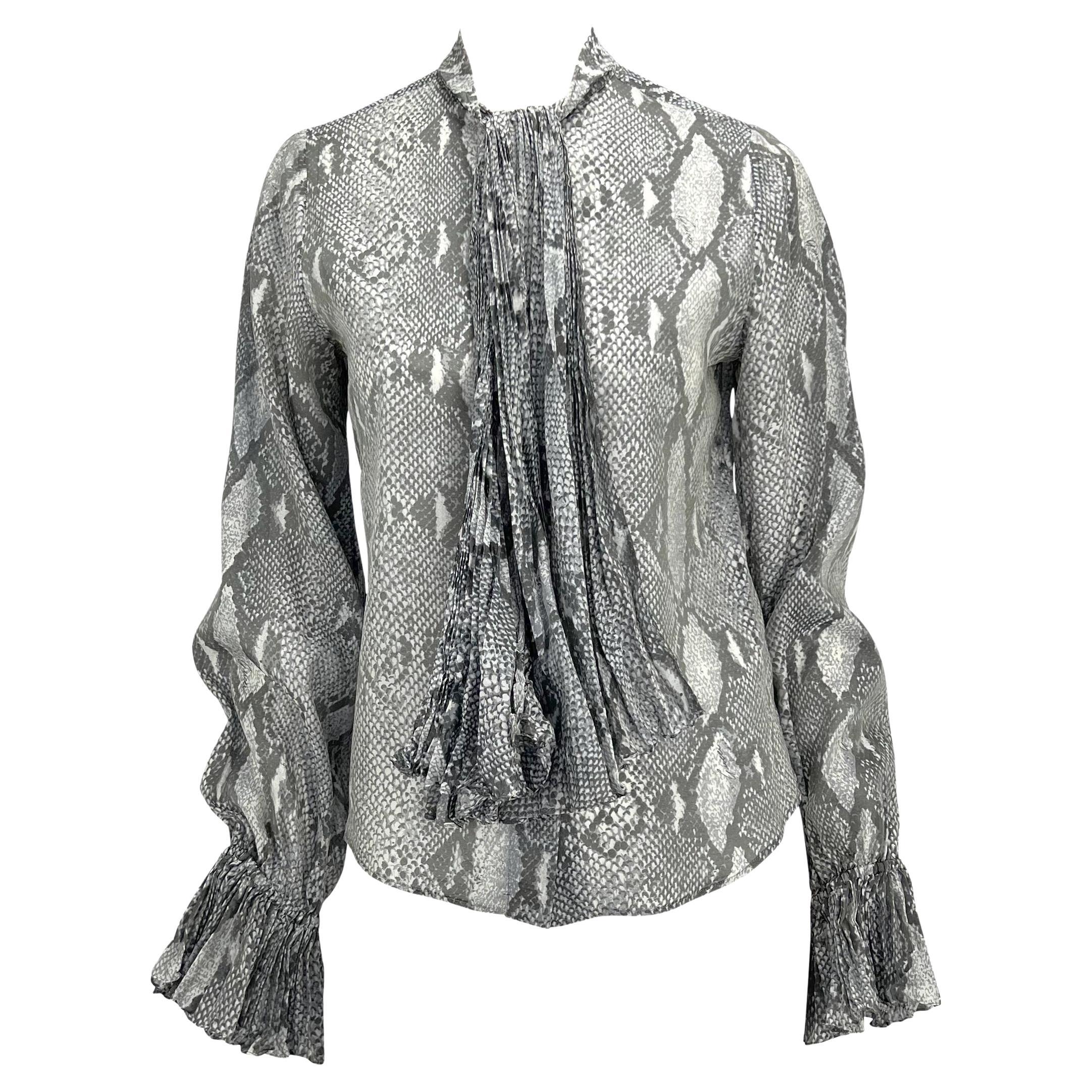 S/S 2000 Gucci by Tom Ford Sheer Snake Print Pleated Pussy Bow Button Up Top For Sale